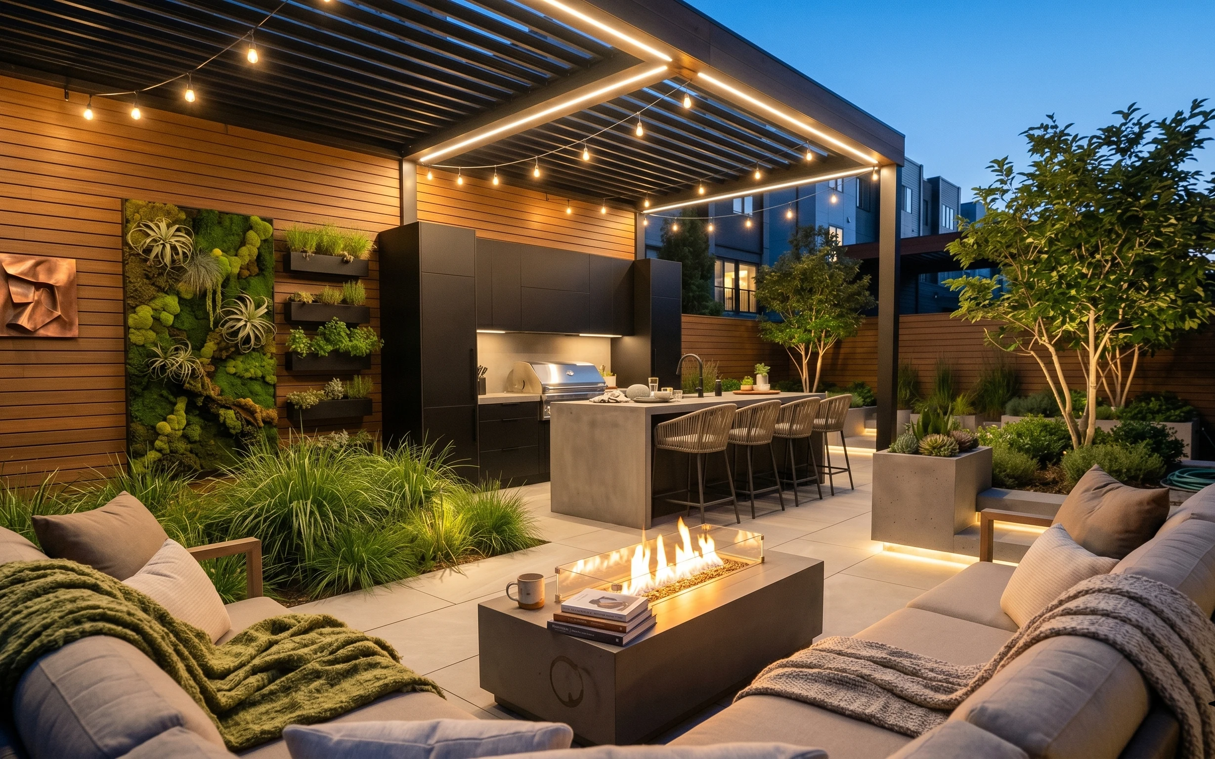 Outdoor patio lounge with string lights, moss vertical wall planters, green throws, and a fire pit table