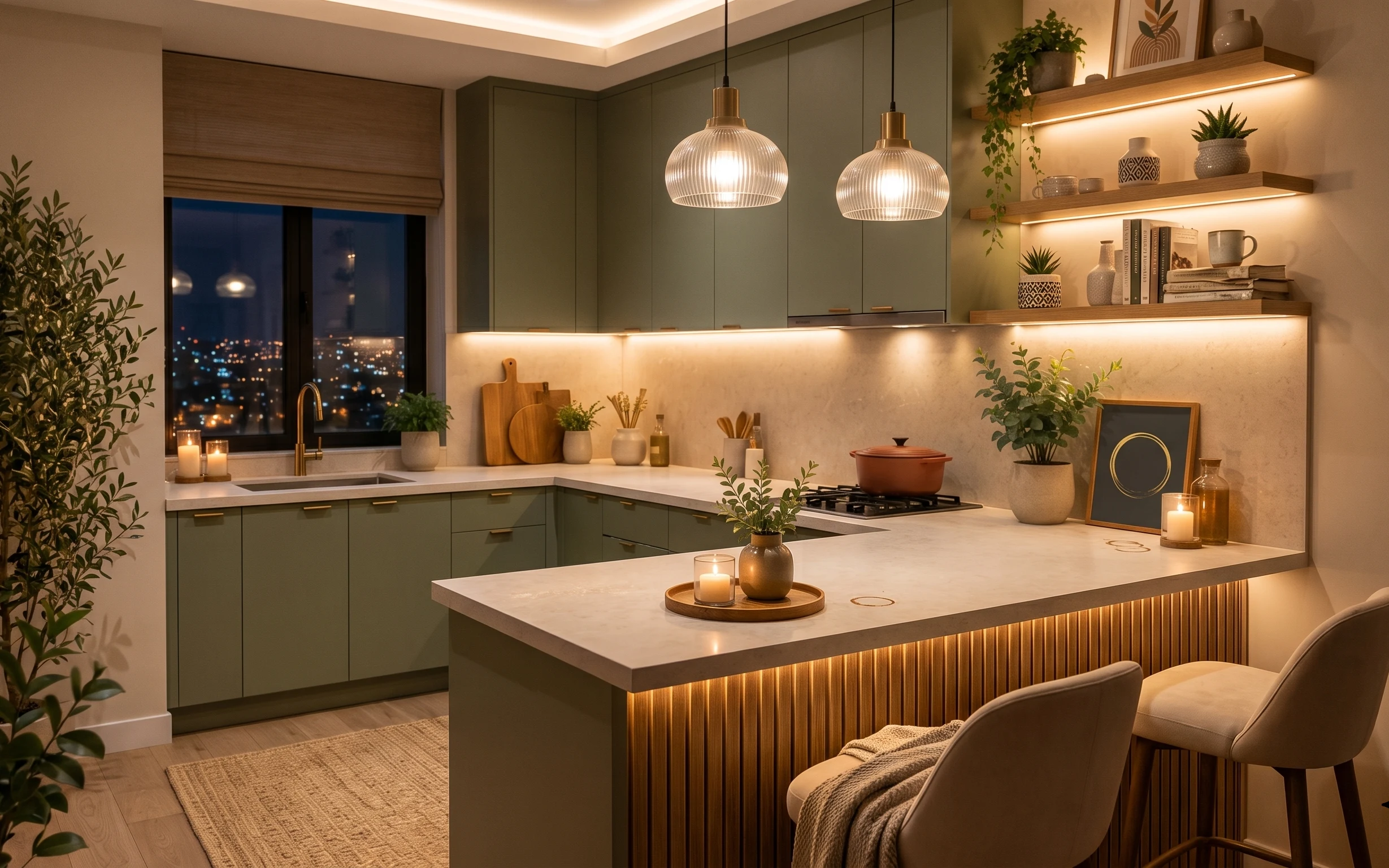 Warm kitchen island with under-cabinet light, pendant lamps, gray rug, styled candles, plants, and framed wall art