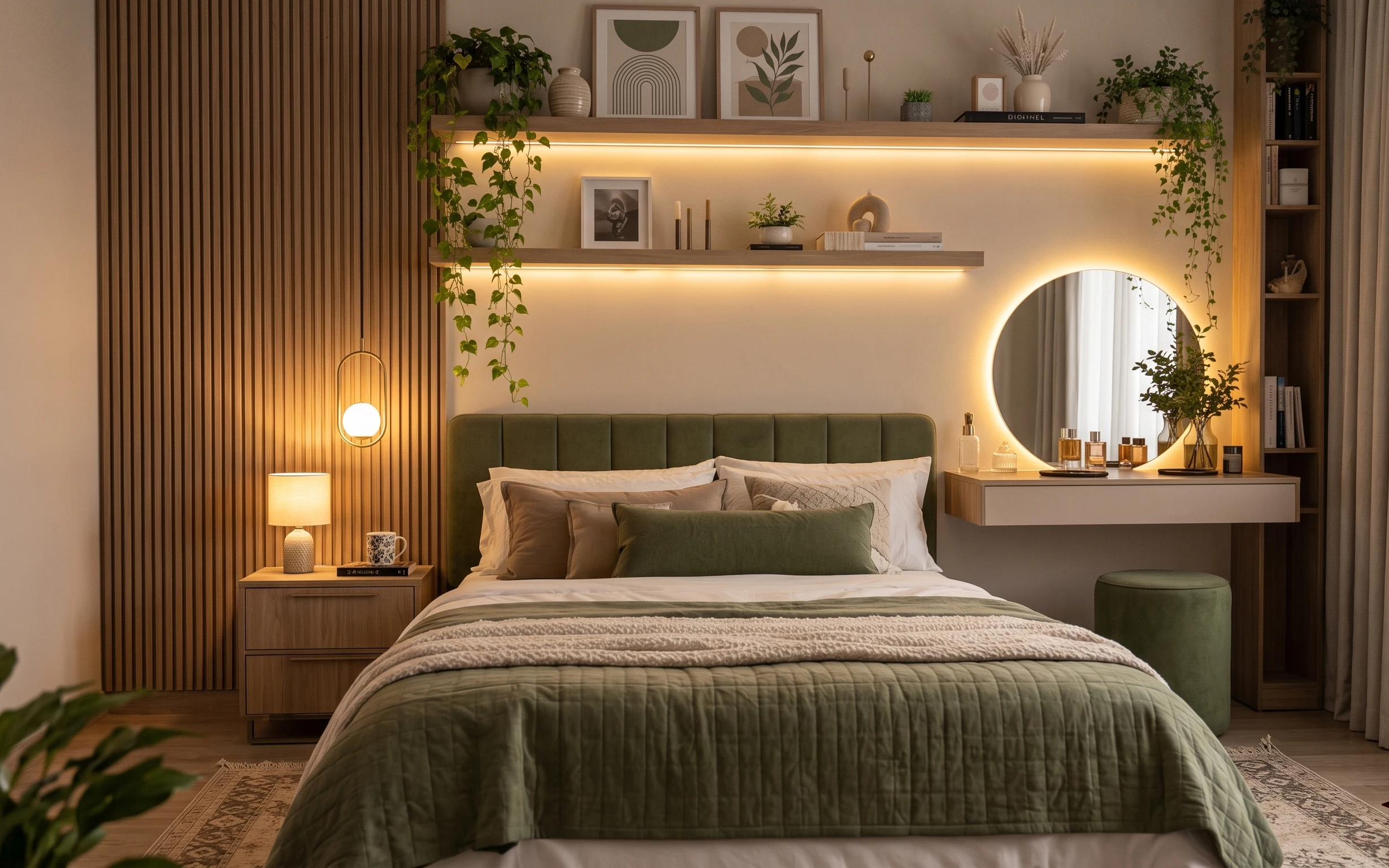 Japandi-style bed nook with olive bedding, patterned rug, floor-length curtains, warm table lamp, and shelf decor