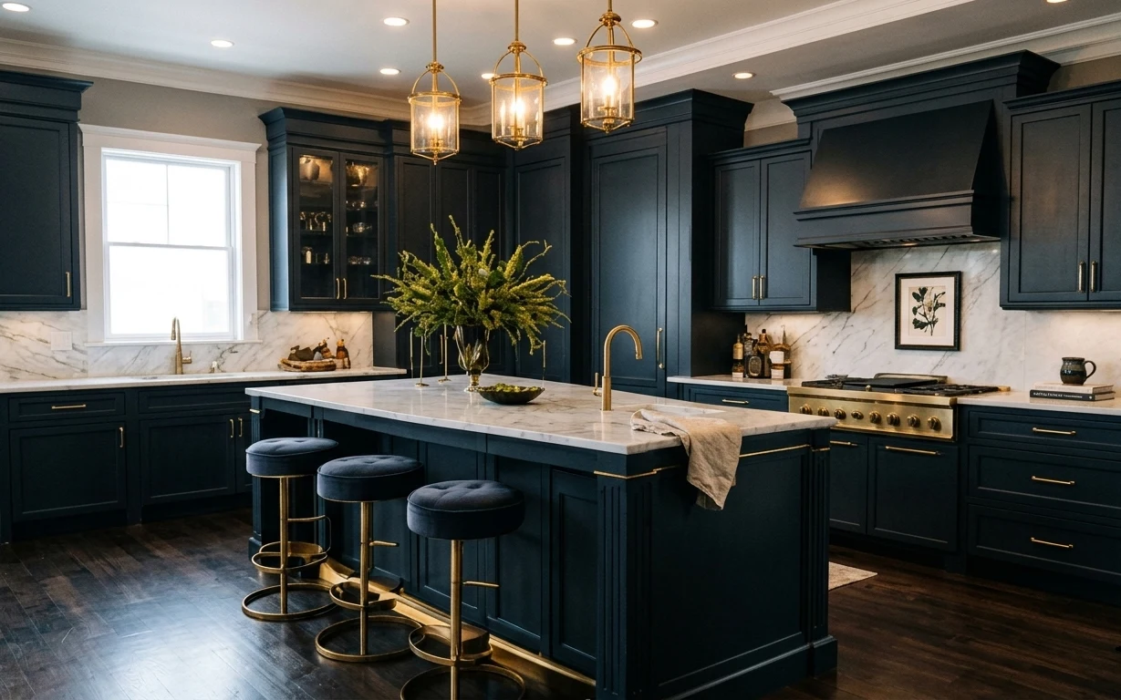 Dark navy kitchen island with brass barstools, framed botanical art, branches in a vase, and labeled jars on the countertop.