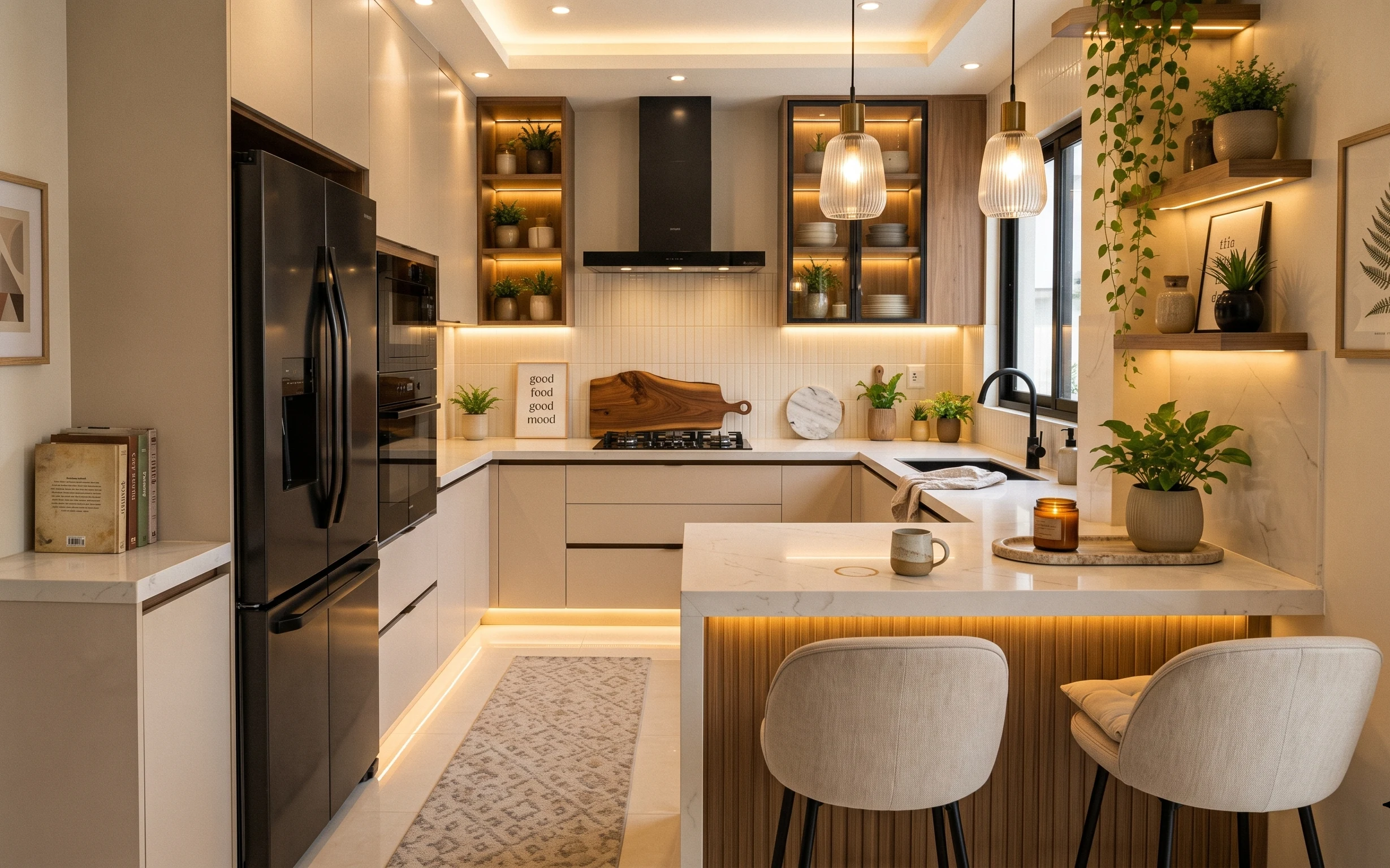Warm japandi kitchen with light gray runner rug, framed prints, pendant lights, and countertop tray with candle and mug