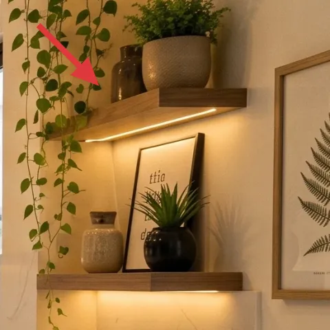 large potted vine plant on right shelf