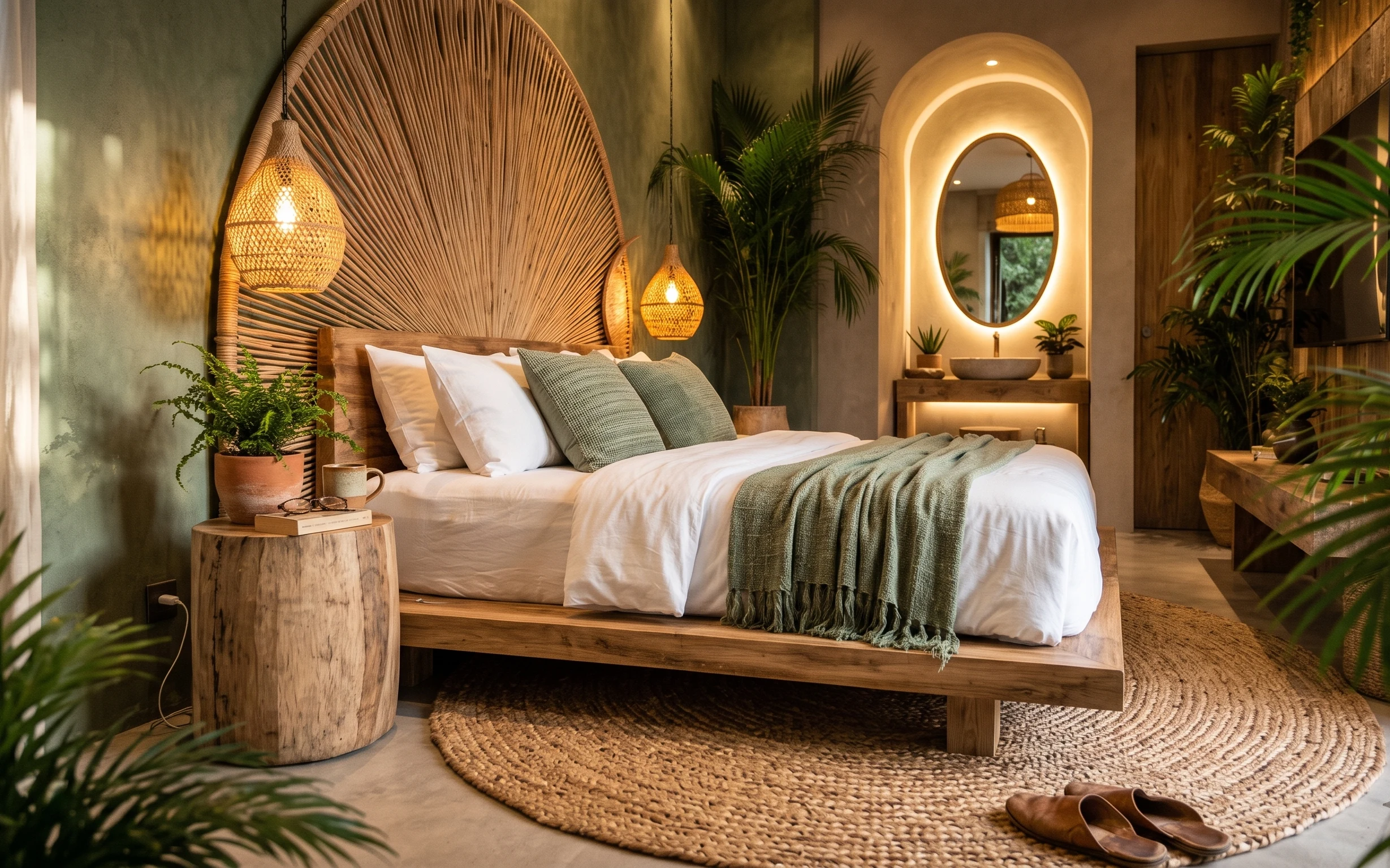 Warm boho bed nook with jute rug, sage throw, oval mirror glow, and potted plants