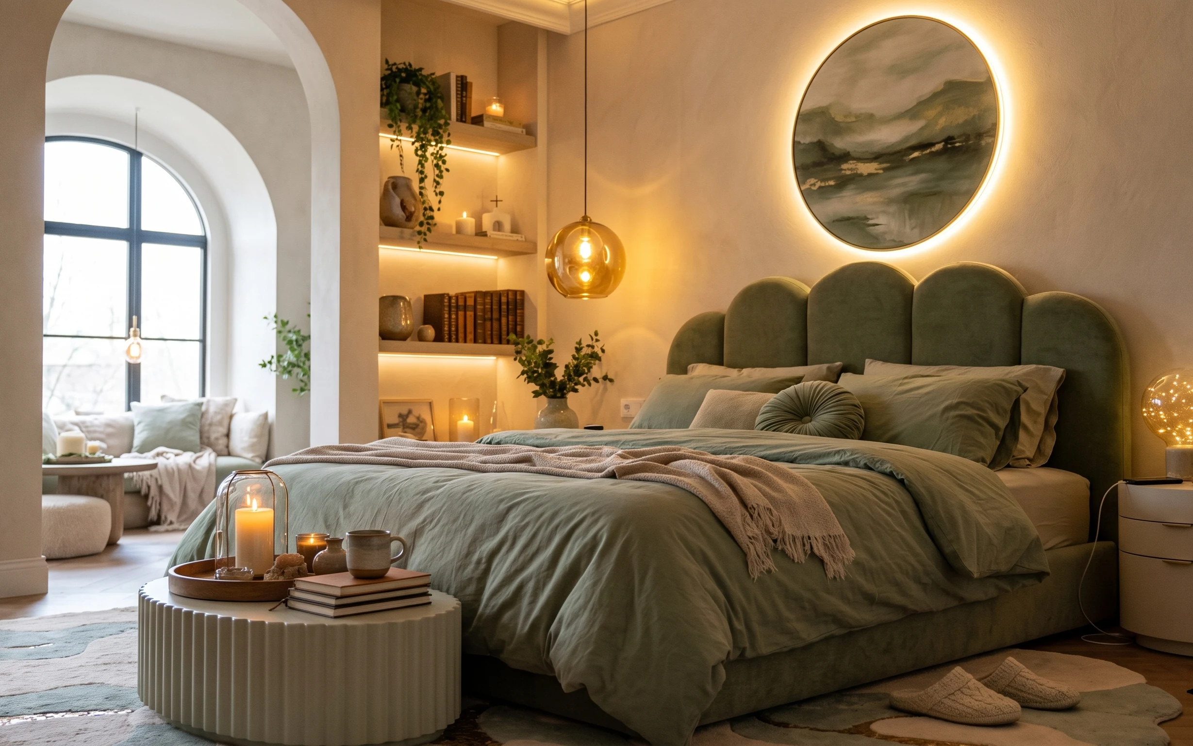 Sage-green duvet and tufted headboard with warm globe lamp glow, round framed landscape art, and a styled tray on a round ottoman.