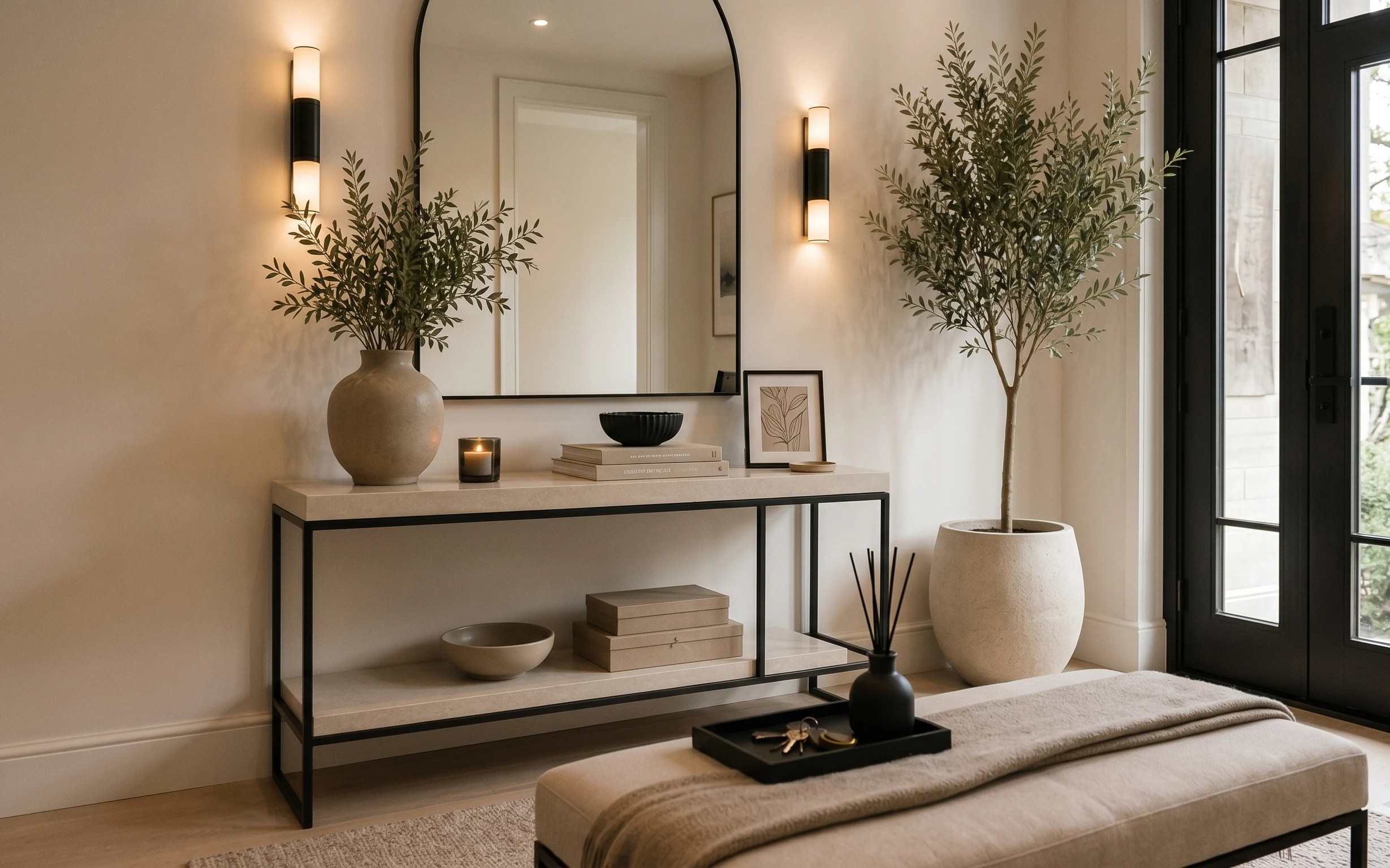 Bench and black console table styled with arched mirror, botanical print, olive trees, and a beige rug