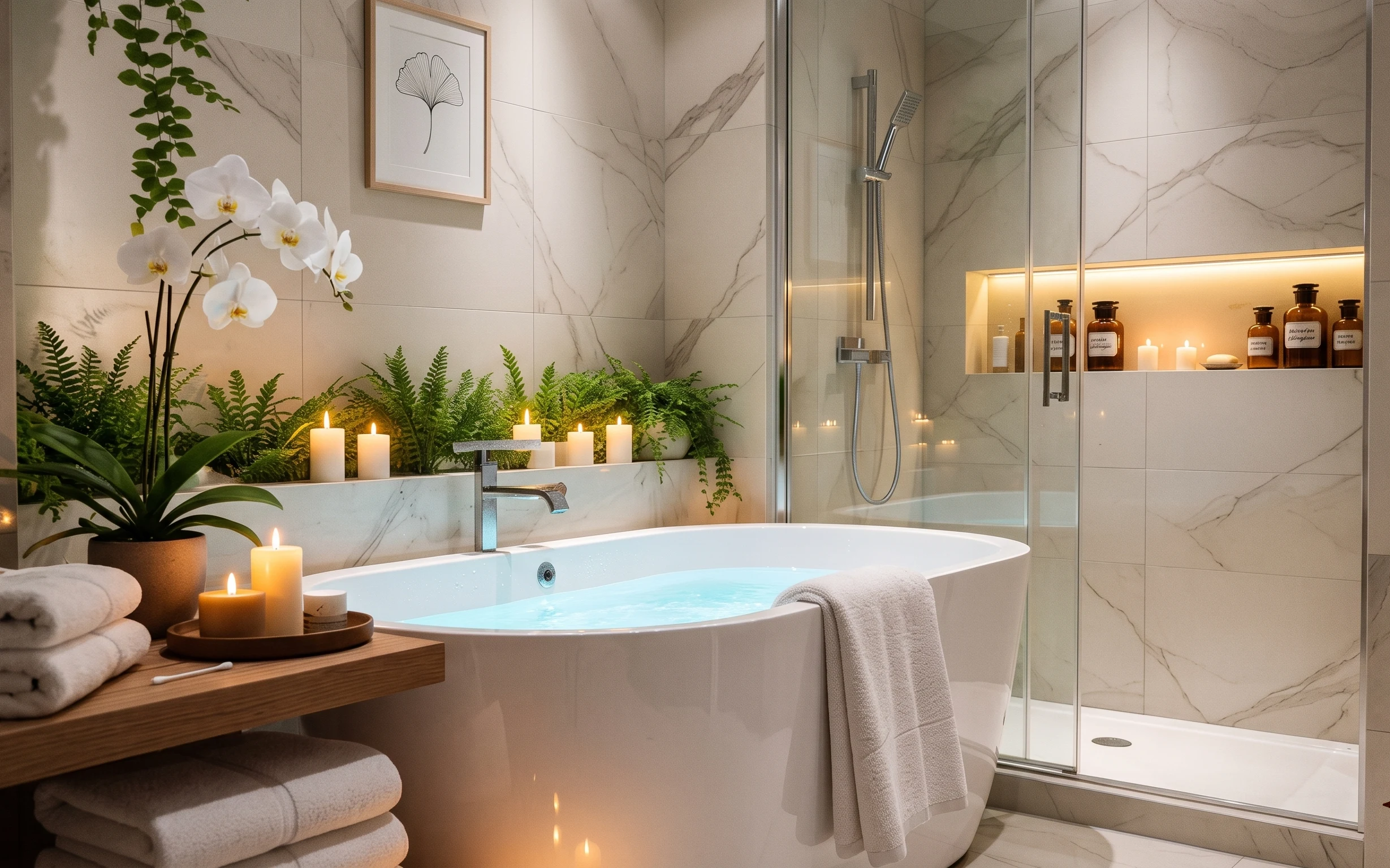 Bathtub with pillar candles on a wood tray, terracotta planter, orchid and fern greenery, and framed botanical wall art