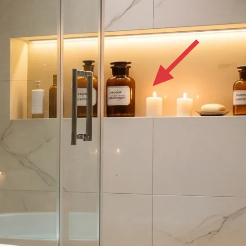 decorative bottles/jars on wall shelf