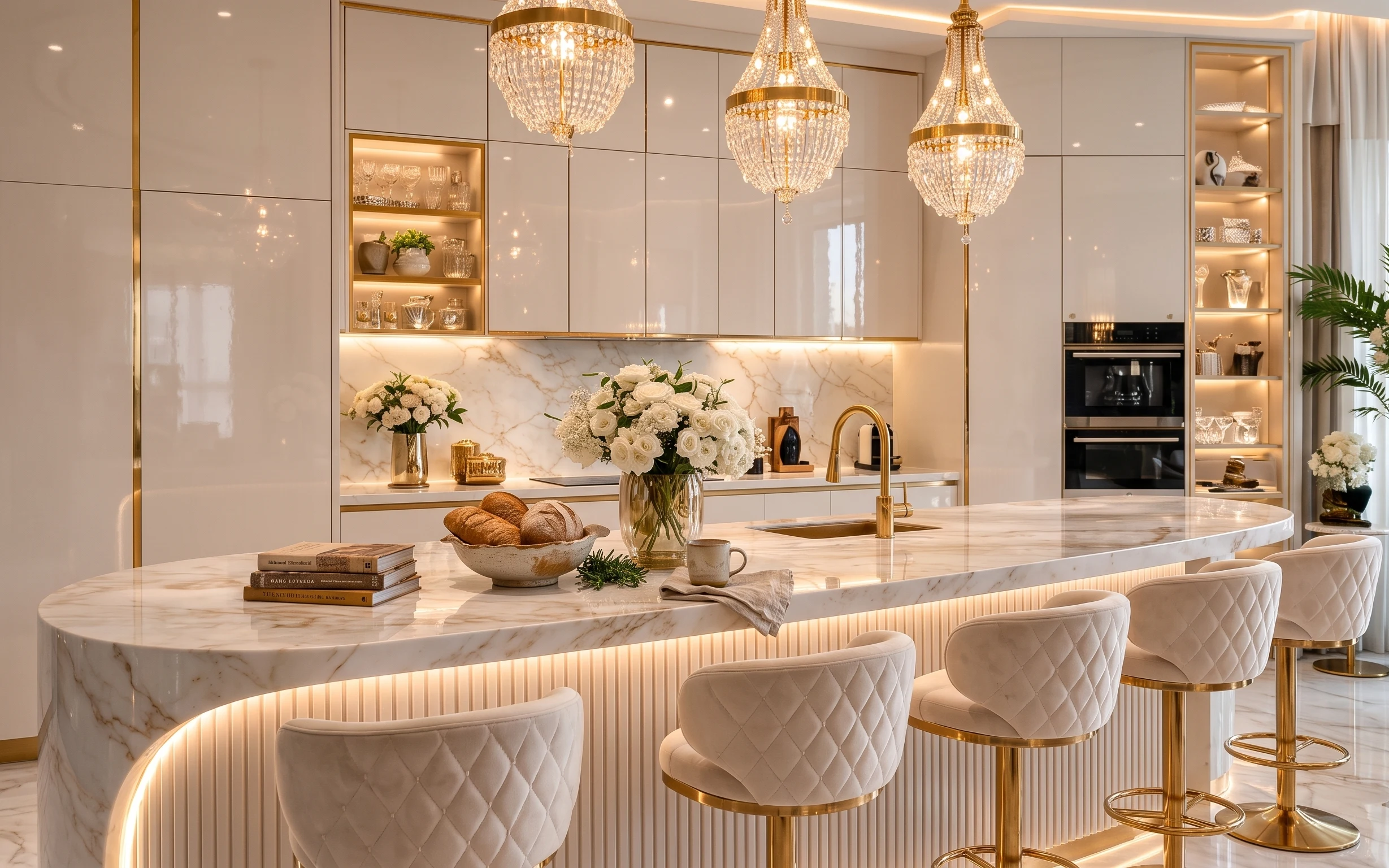 Bright modern kitchen island with marble countertop, glass vase of white flowers, gold candle jar, beige curtains, and bar stools