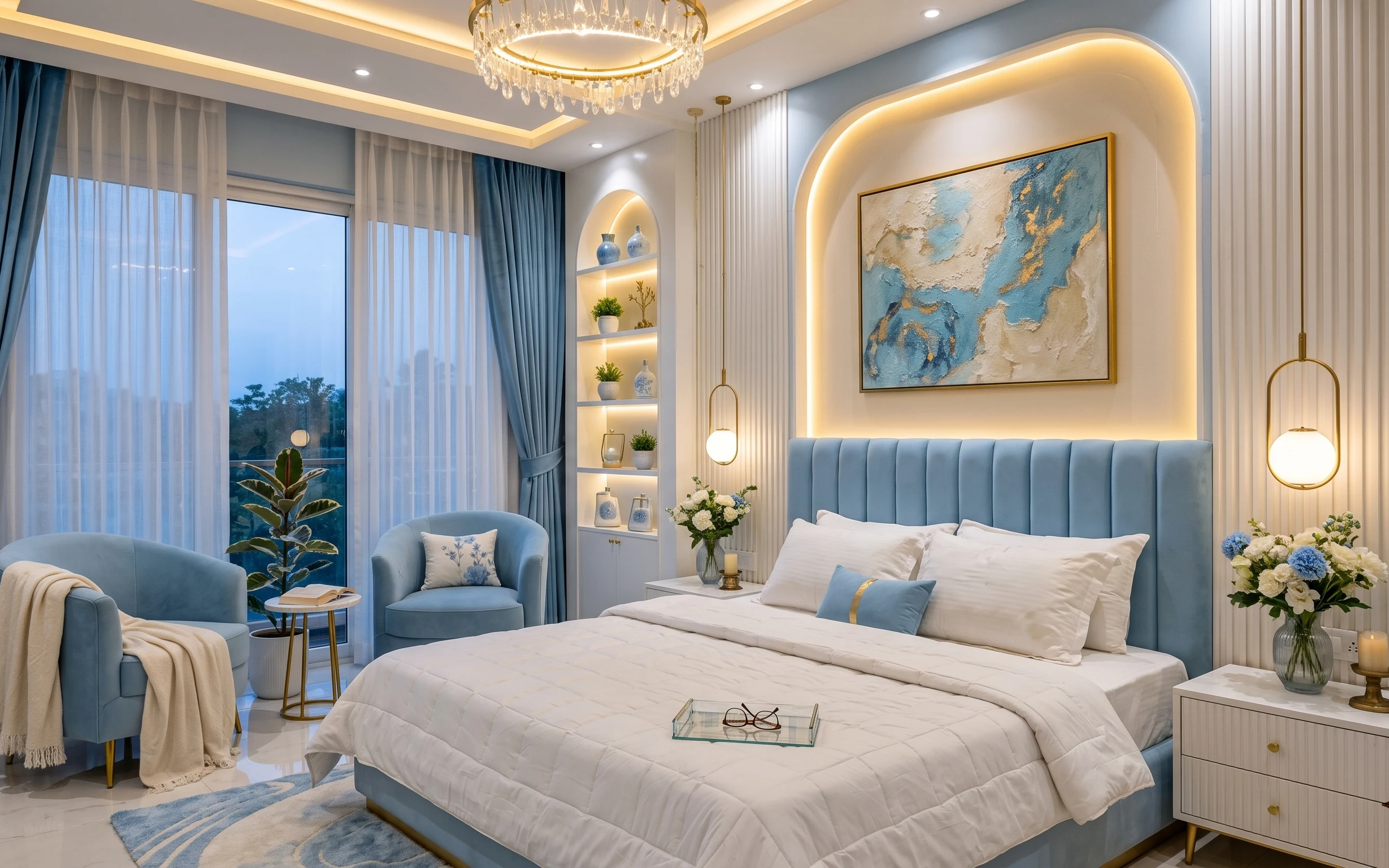 Modern bedroom with blue curtains, framed abstract art, backlit shelves, upholstered bed, and warm brass lighting