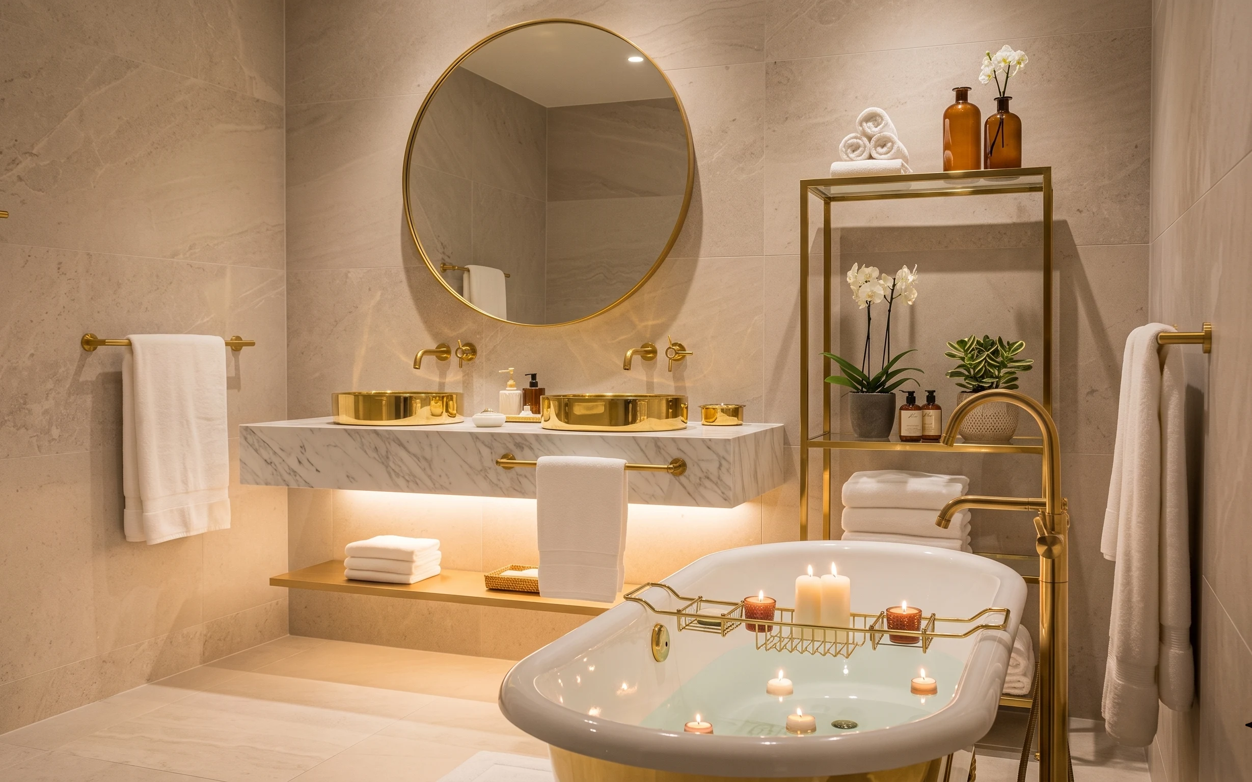 Freestanding bathtub with candles, brass shelving, orchid plant, marble vanity, and a round gold framed mirror in a warm bathroom