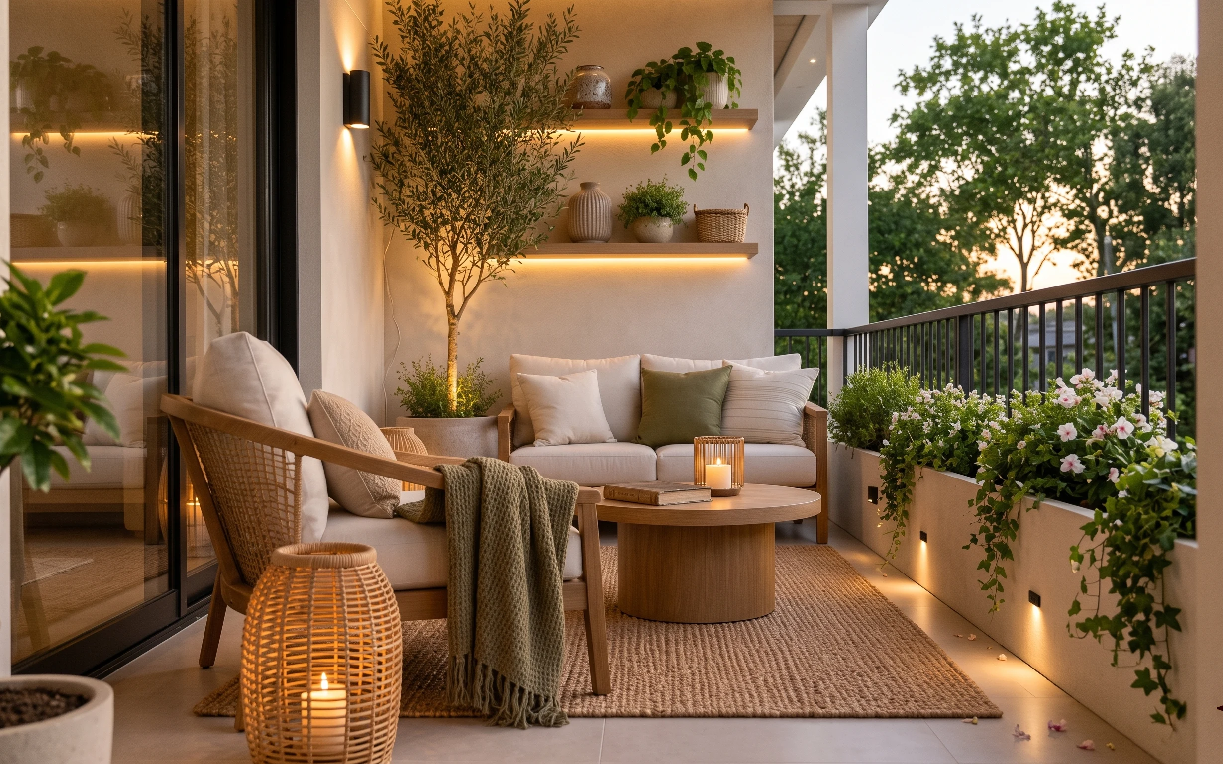 Warm balcony seating nook with beige rug, light wood sofa and side table, floating shelves, wall sconce, and greenery at dusk.