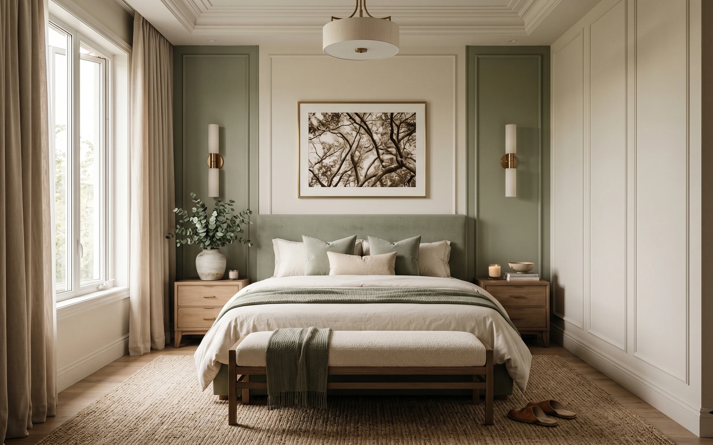 Primary bedroom with cream paneling, olive accent wall, centered framed art, taupe curtains, rug, and bedside styling