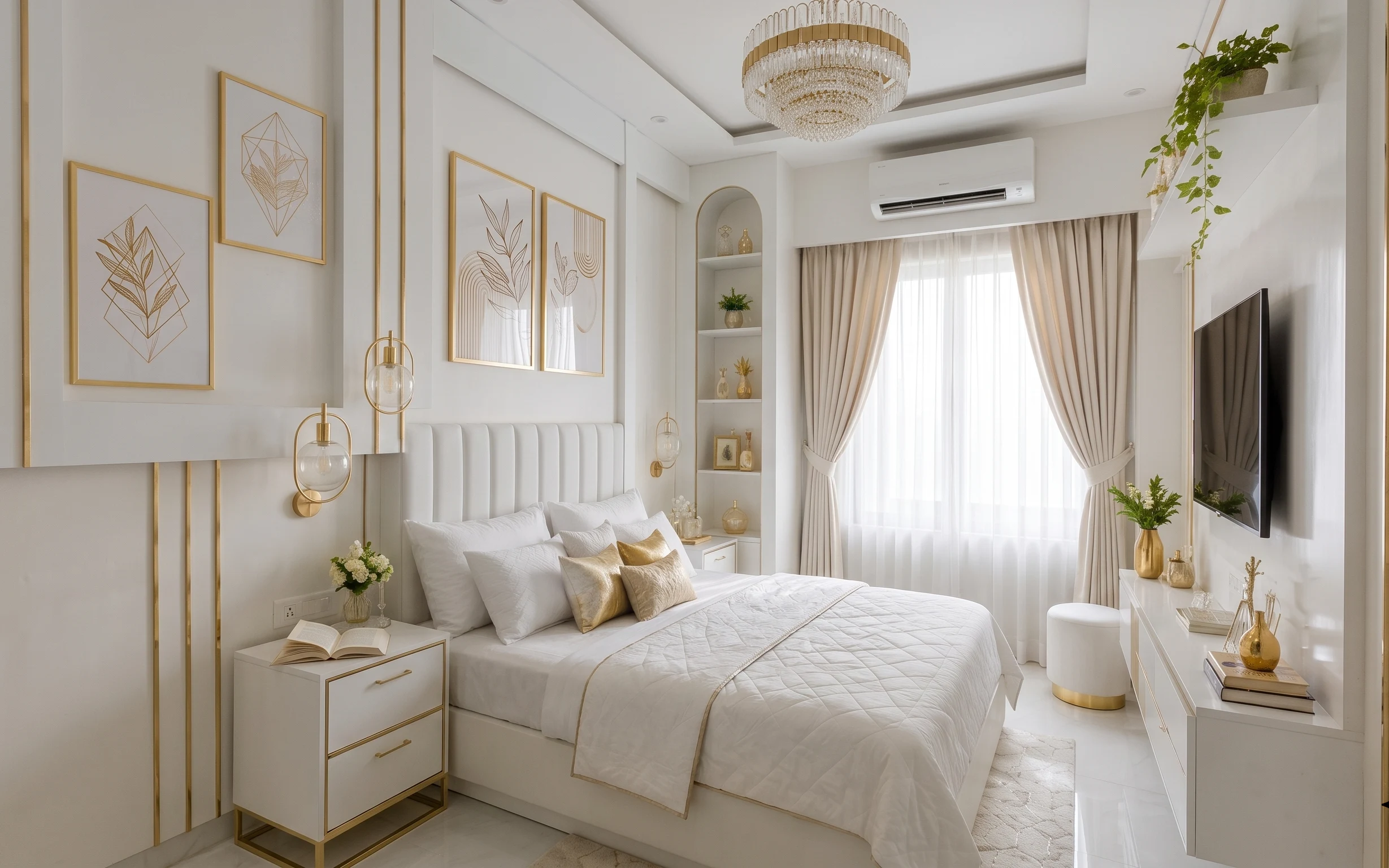 Bright bedroom bed nook with white quilted bedding, gold botanical wall art, console styling, rug, and a ceiling light