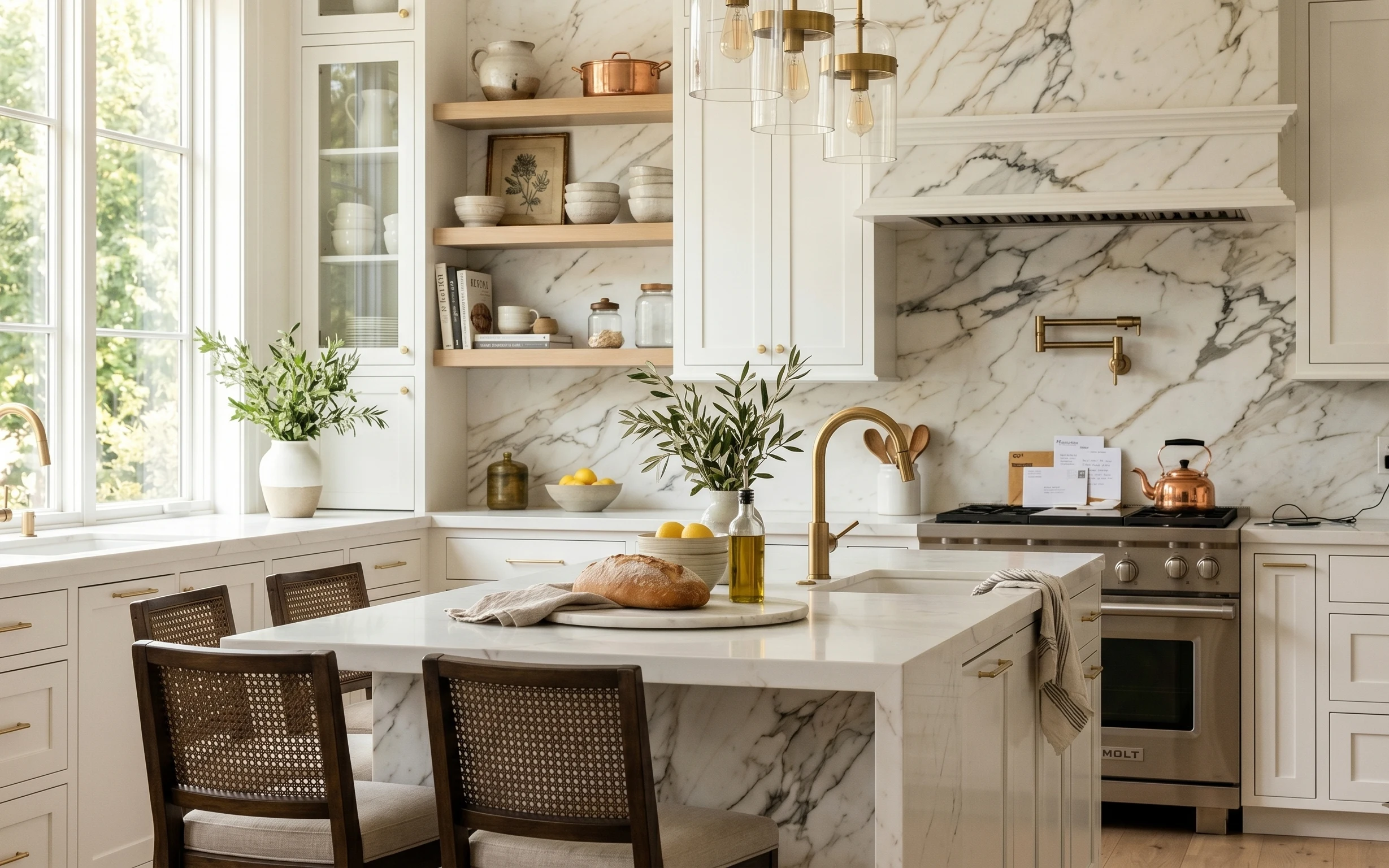 Bright white kitchen with marble backsplash, brass pendant lights, indoor plants, framed print, and island seating with woven chairs.