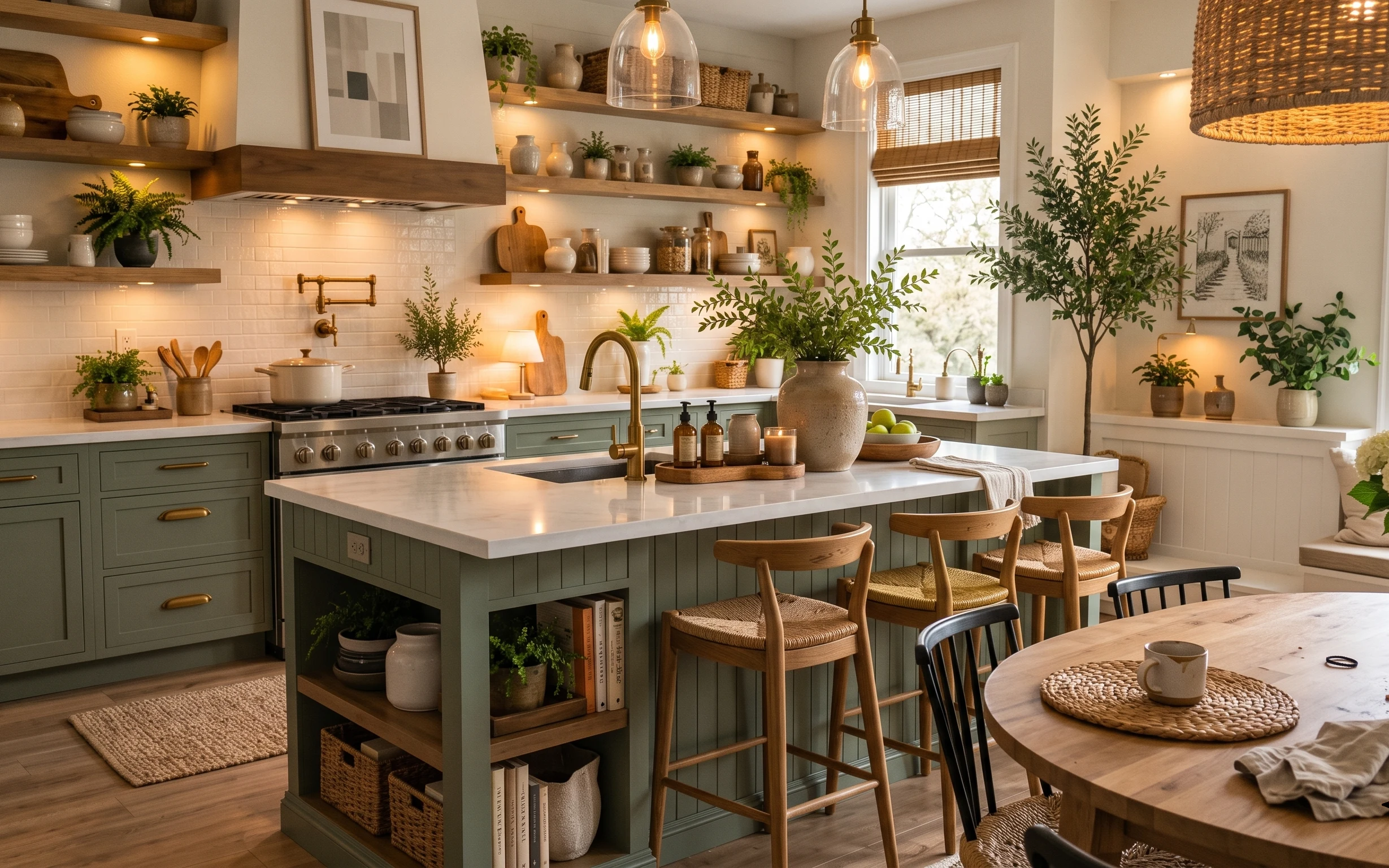 Warm kitchen island with sage-green cabinets, brass faucet, plants on shelves, glass dome lights, and a jute-style rug