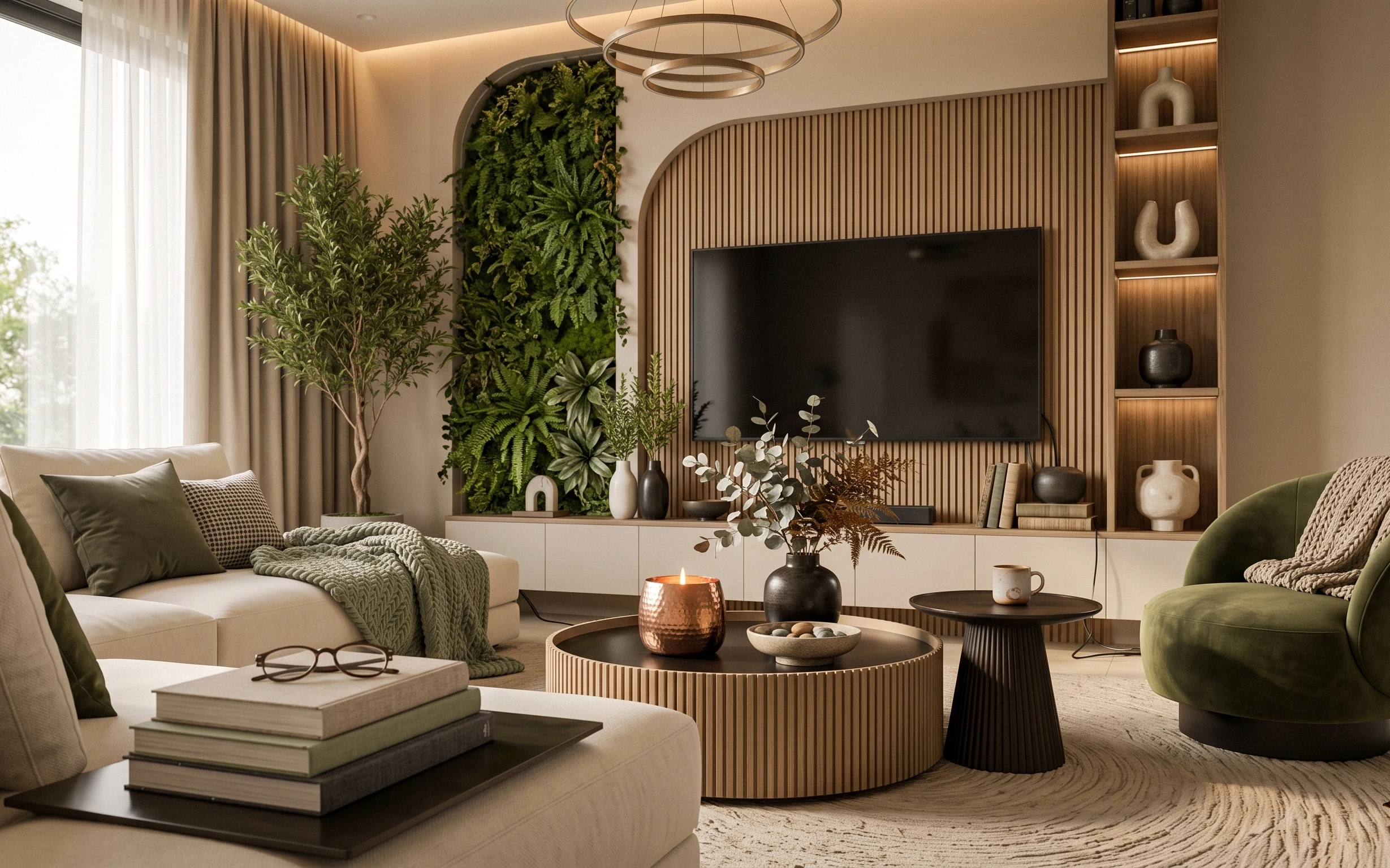 Modern sofa-and-TV living room with beige curtains, woven rug, leafy plants, and styled coffee table