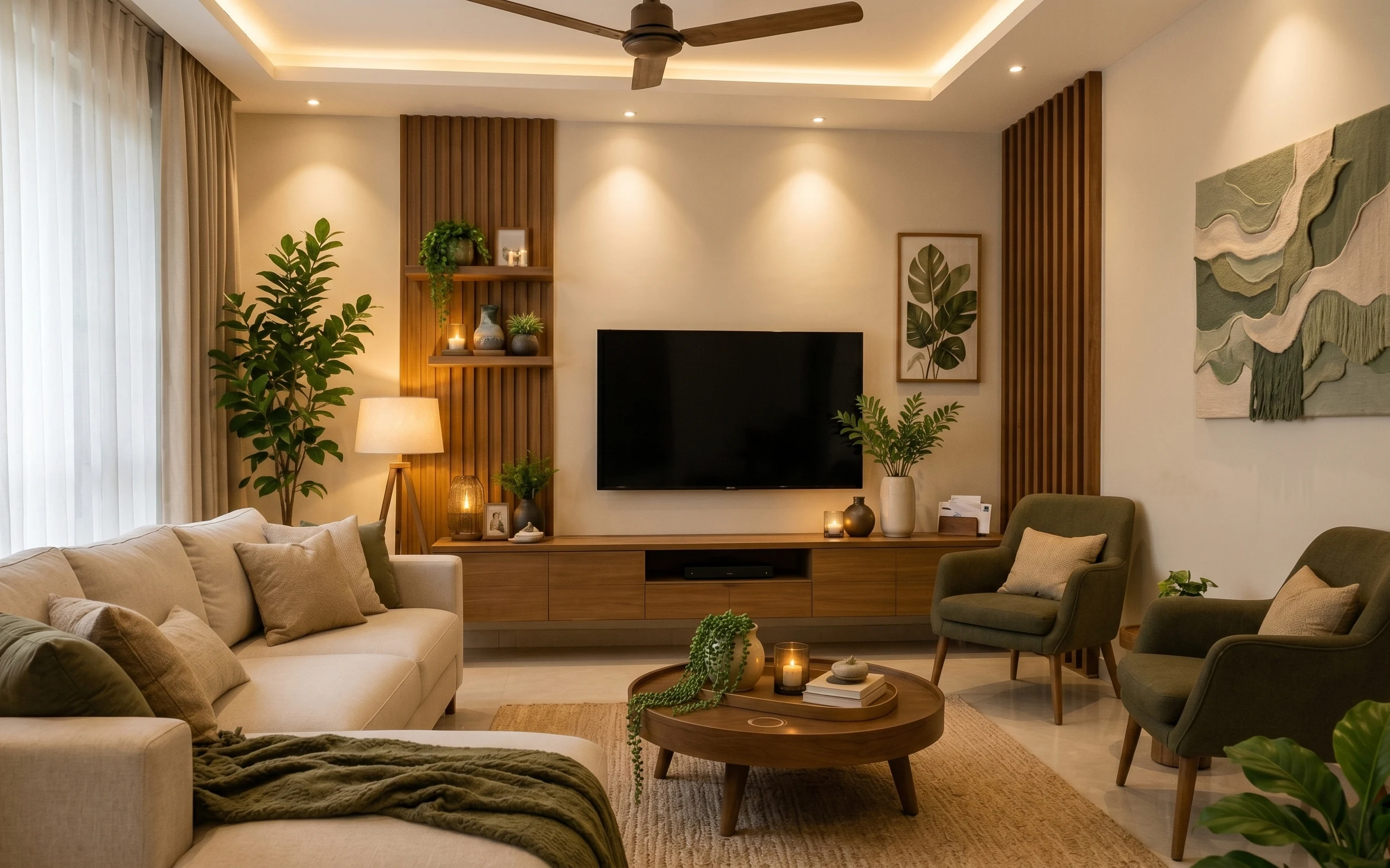 Japandi living room with beige sofa, olive accent chair, warm wood console, framed botanical art, lamp, and tall potted tree