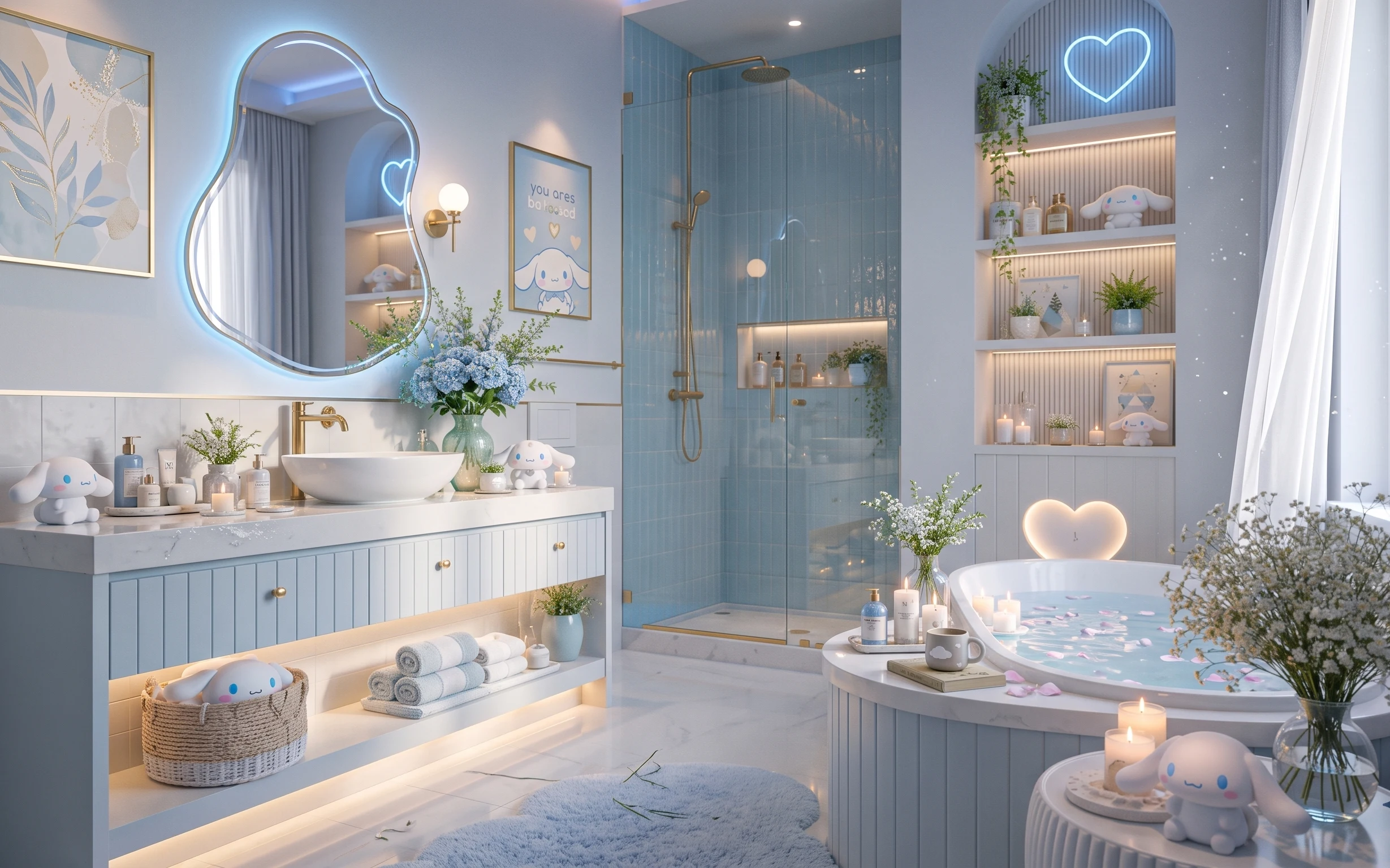 Pastel bathroom tub nook with light blue tiles, candles on the ledge, sheer curtains, and framed wall art