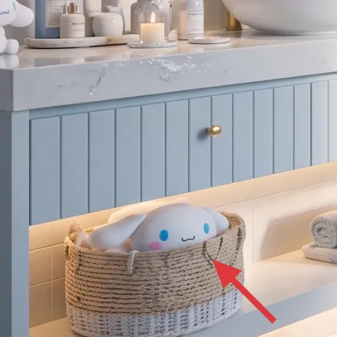 woven storage basket on the vanity shelf