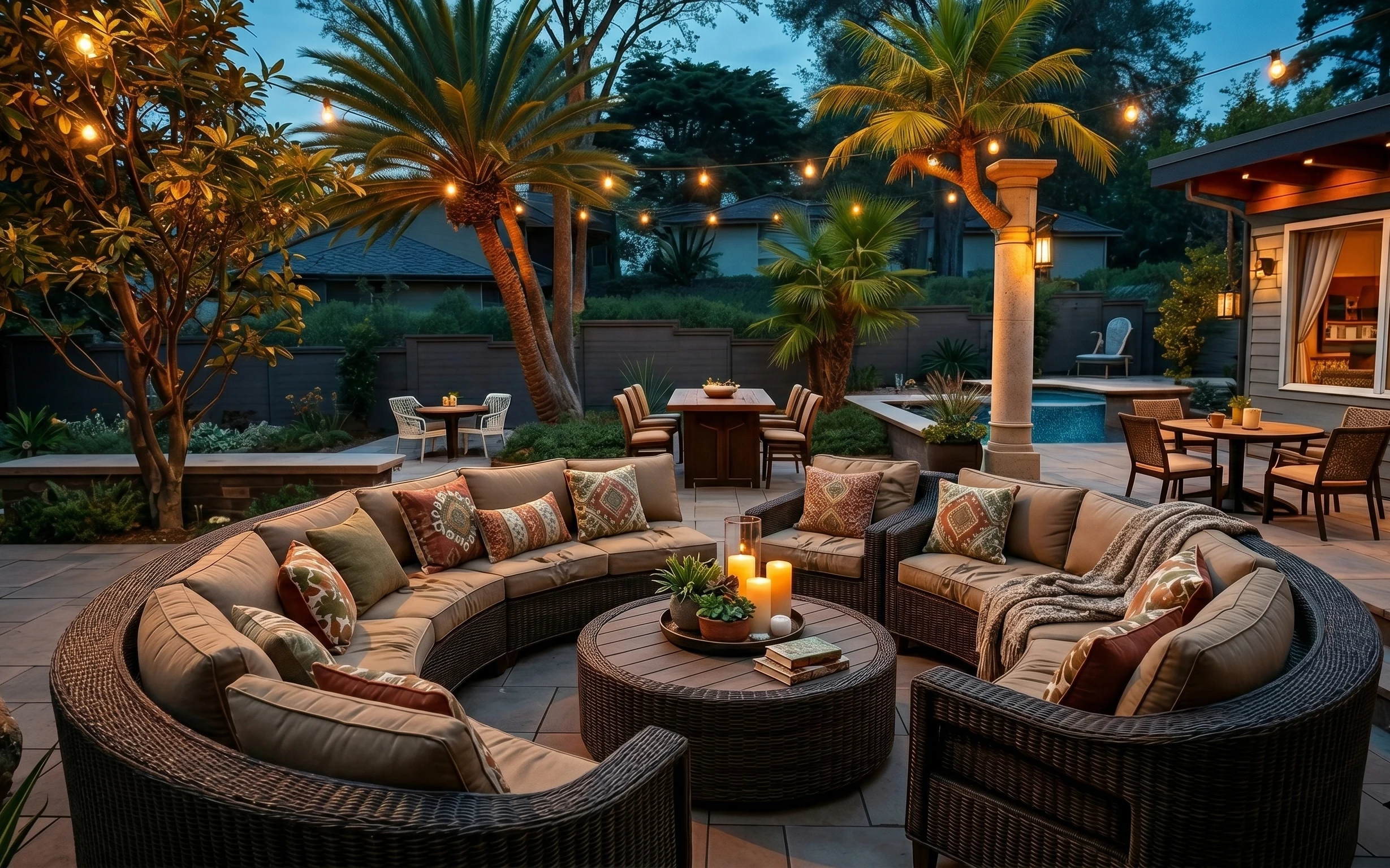 Warm string lights and candles over a wicker patio lounge with throw pillows, rug, and potted plants at dusk