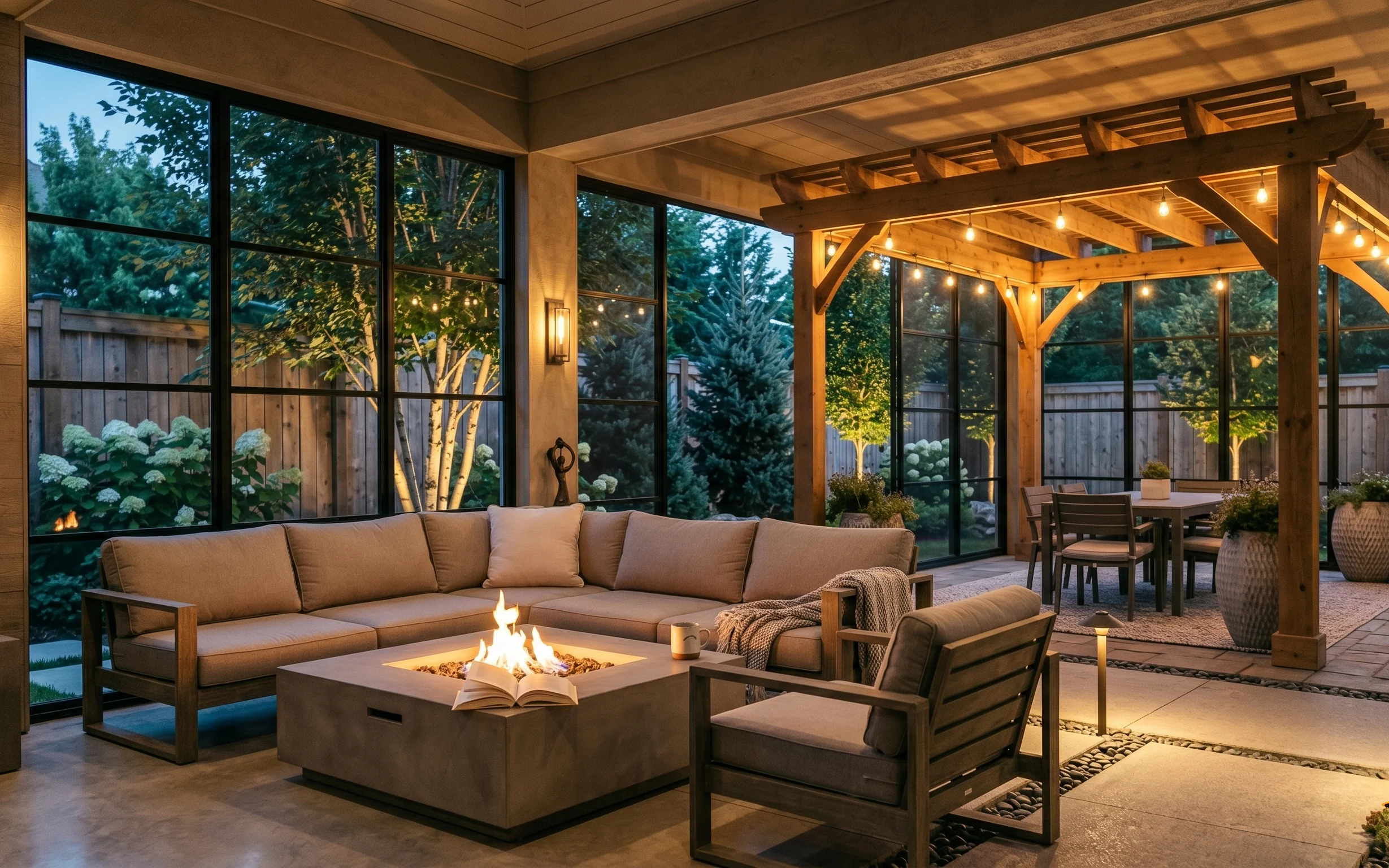 Tan outdoor sofa and coffee fire feature with pergola string lights, rug, dining chairs, and potted plants at dusk