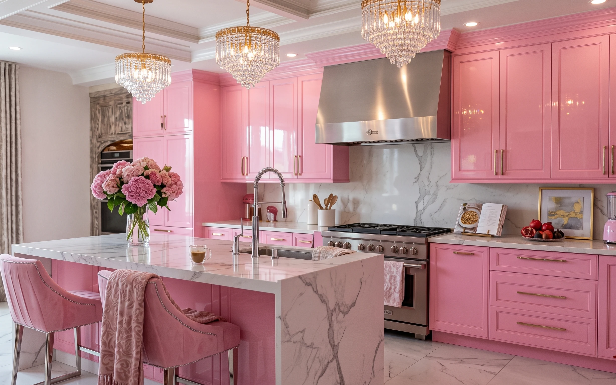 Pink kitchen island corner with marble counters, crystal ceiling lights, grey curtains, hydrangea bouquet in a glass vase, and framed wall art.