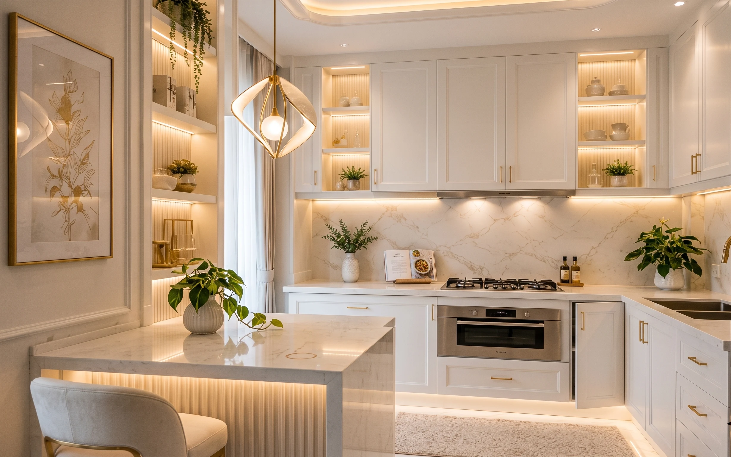 Bright kitchen breakfast nook with gold-framed botanical print, beige rug, curtains, and white vase plants