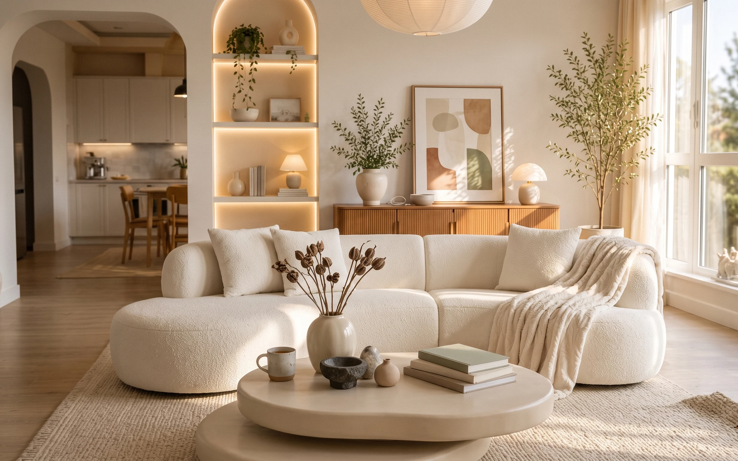 Cream sofa with botanical pillows, beige rug, round coffee table with books, framed abstract art, and sheer curtains by a window.