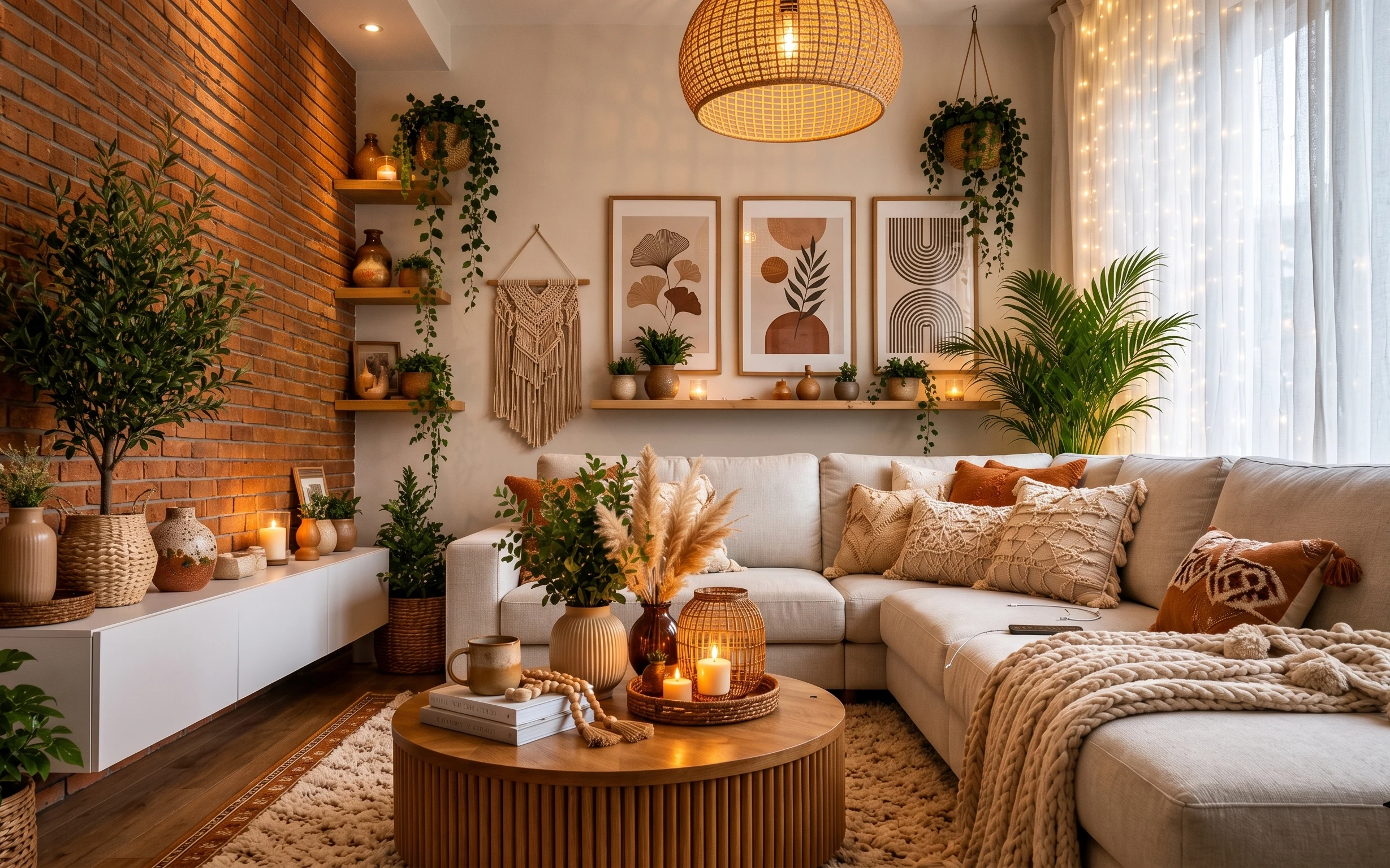 Boho living room with cream rug, tan throw pillows, framed botanical prints, macramé wall decor, and warm string lights by curtains