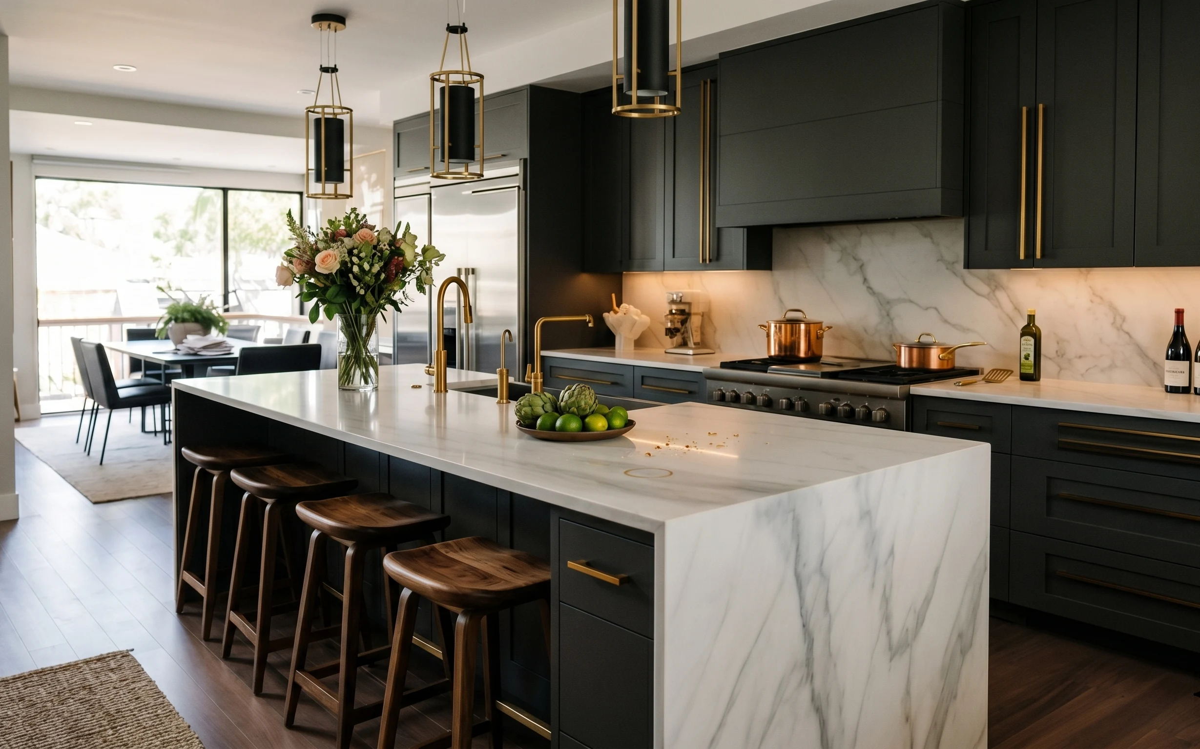 Modern kitchen island with marble countertop, brass pendant lights, copper cookware, flowers in a vase