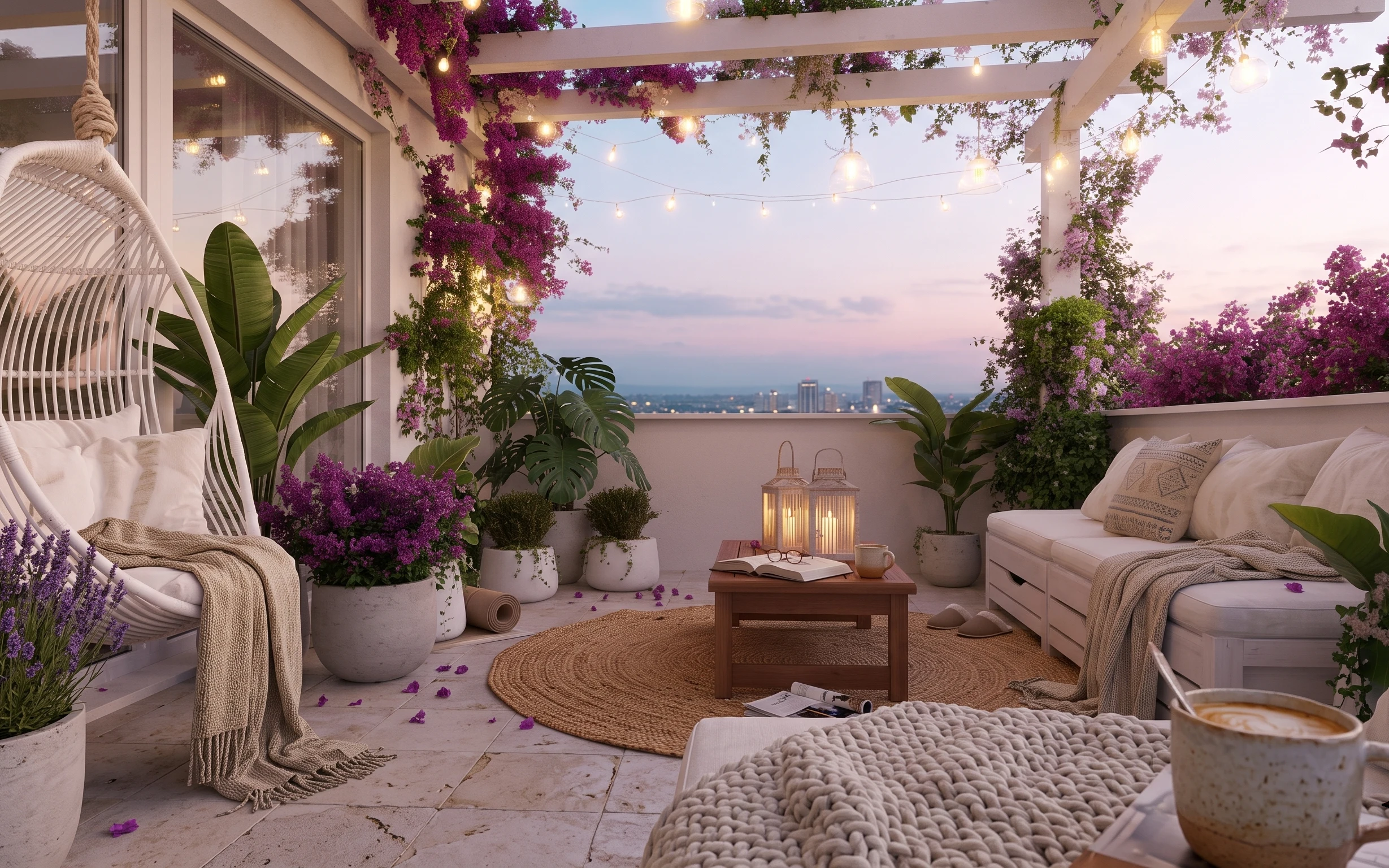 Terrace seating with jute rug, beige throws, lantern candle, string lights, and purple flowering planters.