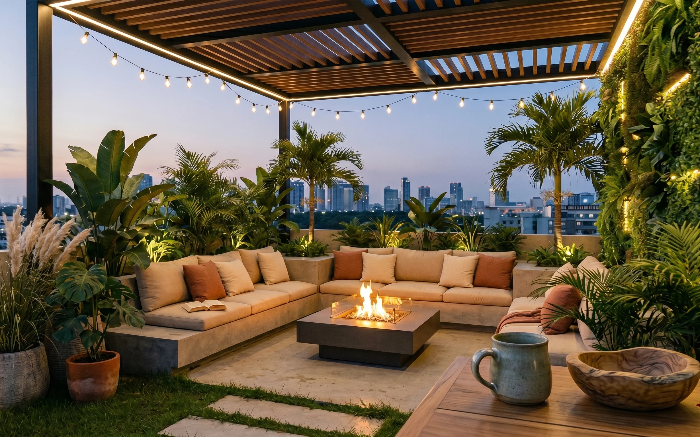 Warm outdoor patio lounge with tan-and-rust sofa cushions, string lights, and lush potted greenery at dusk