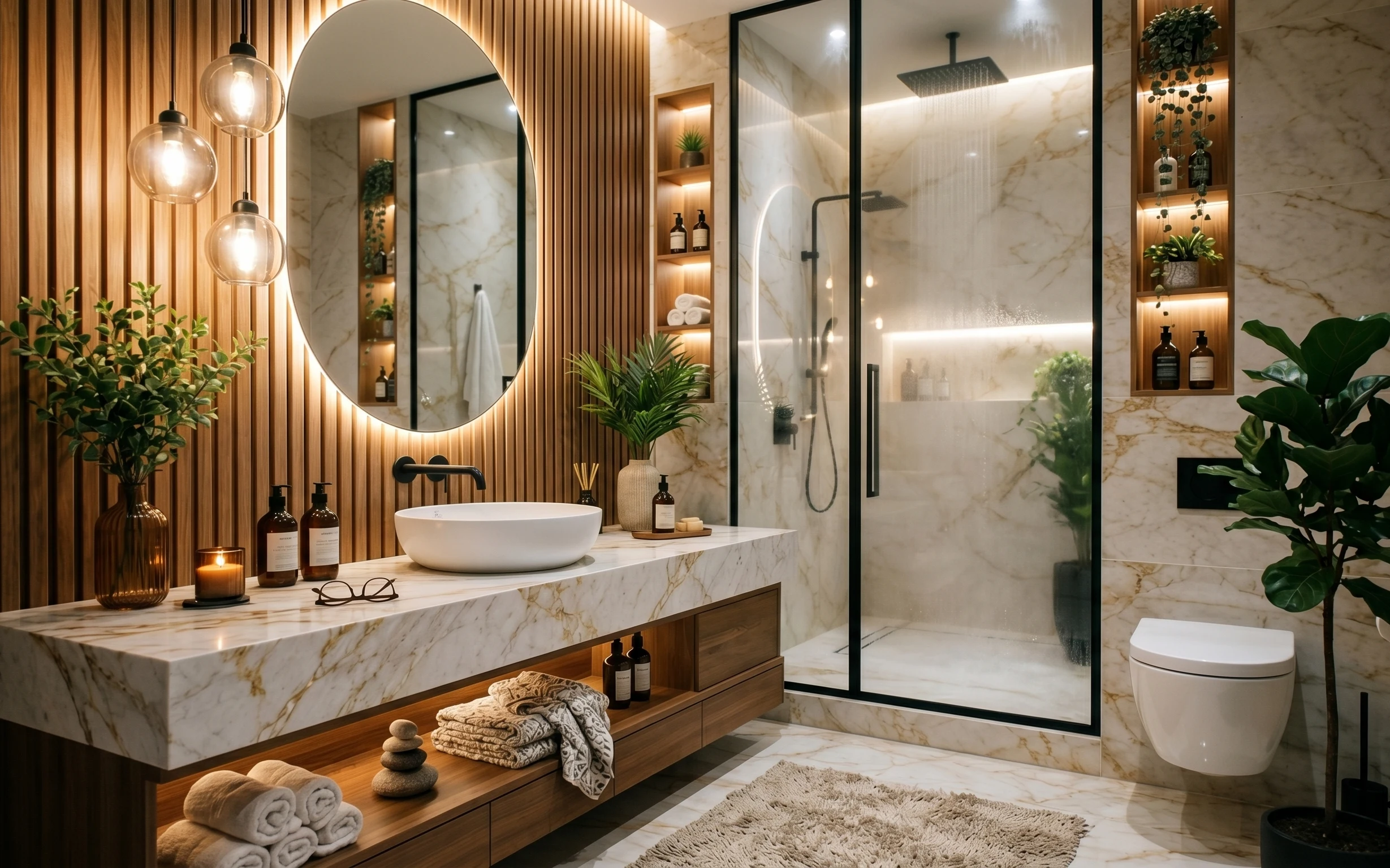Spa-like bathroom with marble-look surfaces, oval mirror, wood slats, plants, towels, candlelight, and a bath rug