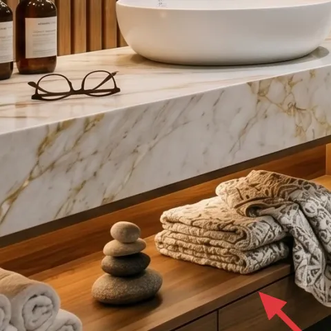 rolled white towels and folded patterned towel