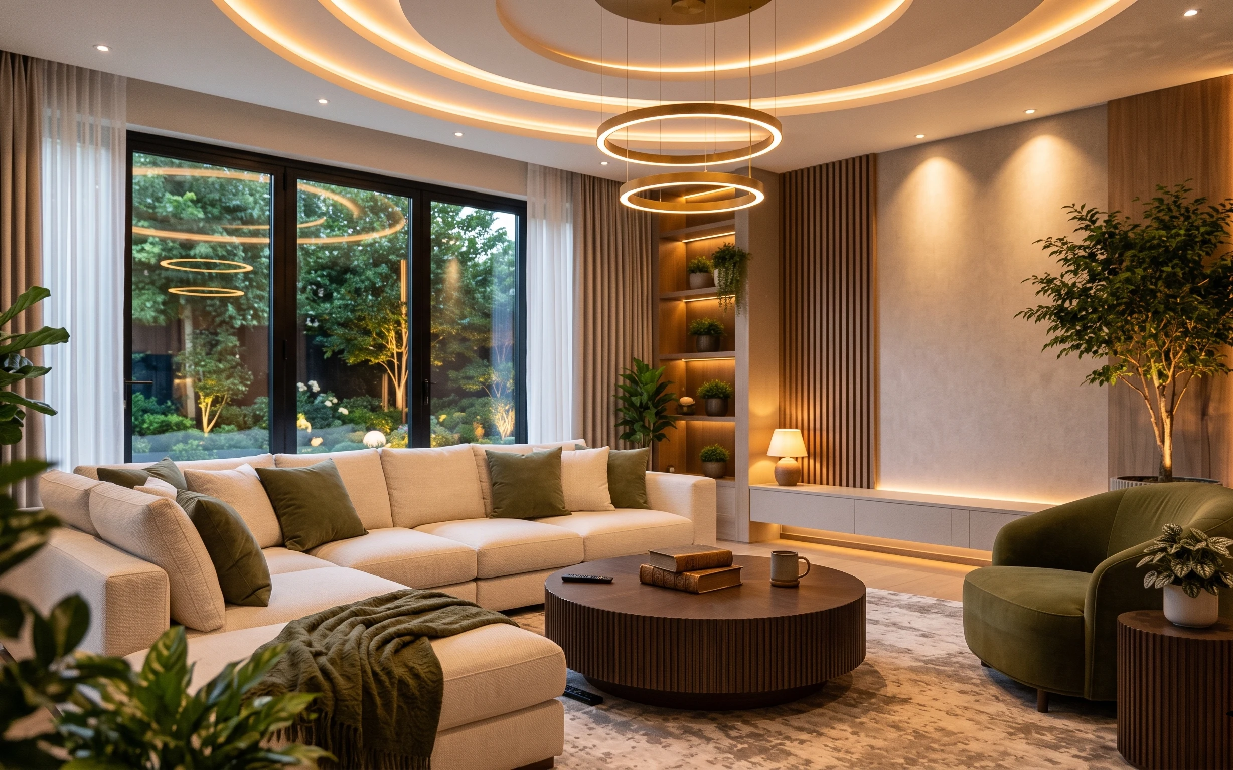 Warm cream sectional sofa in a japandi-inspired living room with olive pillows, sheer curtains, ribbed coffee table, and a tall potted tree