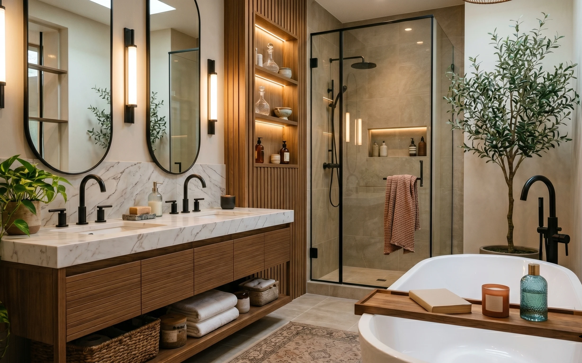 Modern bathroom with double vanity, oval mirrors, black wall sconces, shower glass, bathtub, wood tray, rug, and tall plant
