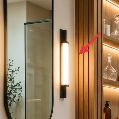 Oval mirror above vanity