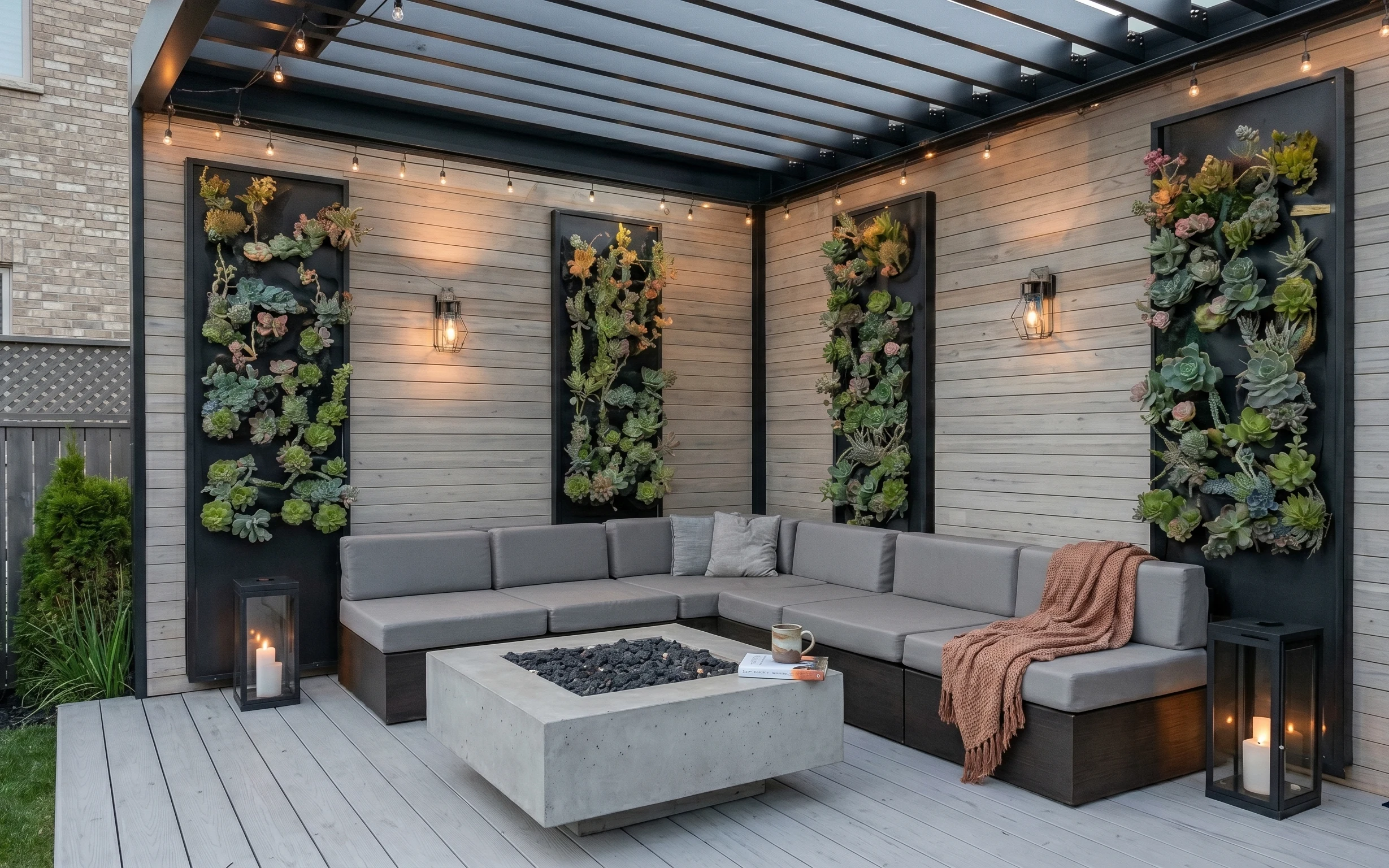Covered patio seating with gray sofa, concrete coffee table fire bowl, warm string lights, and black-framed succulent wall panels