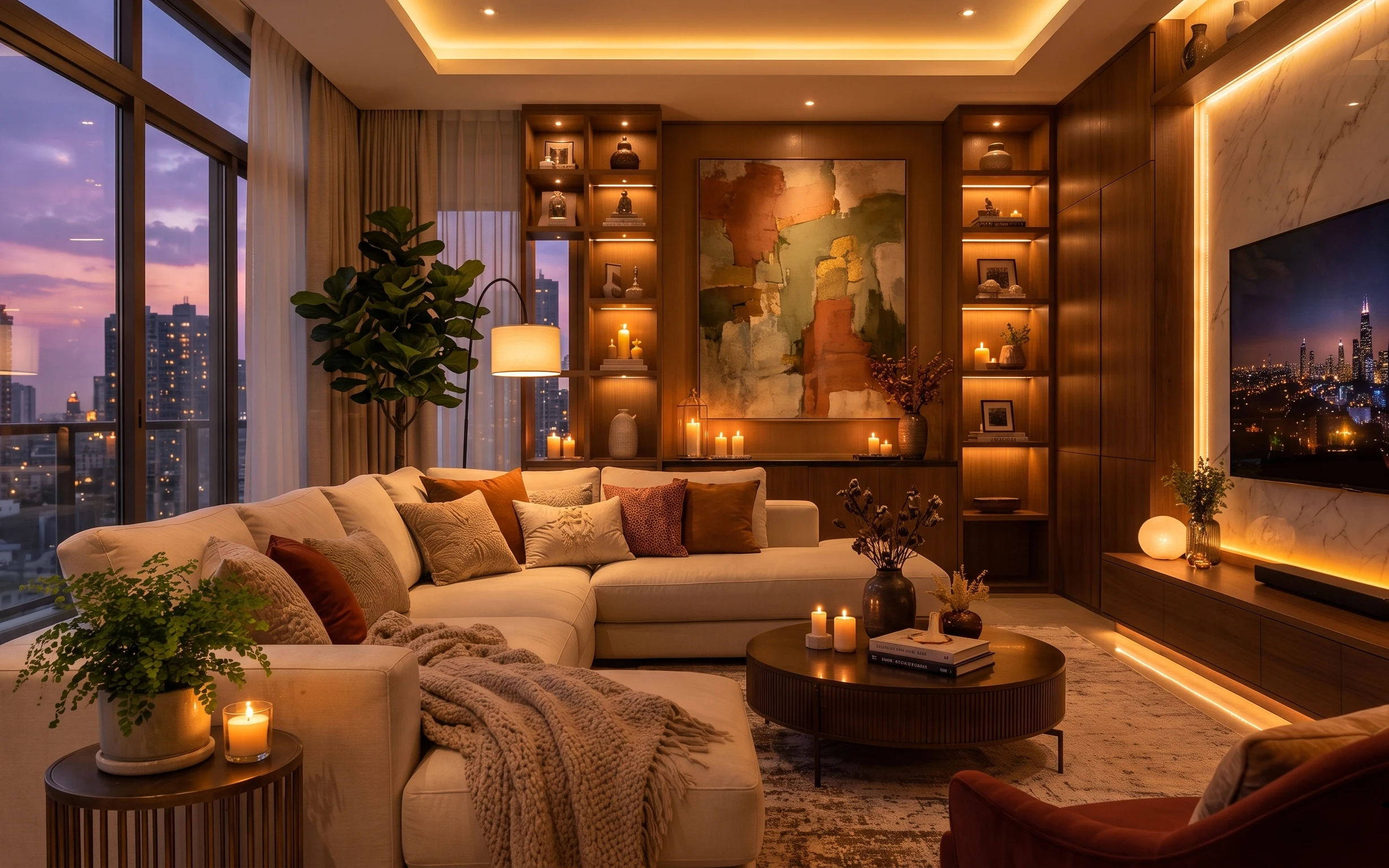 Warm candlelit living room with L-shaped sofa, patterned rug, white drum lamp, framed abstract art, and tall potted plant