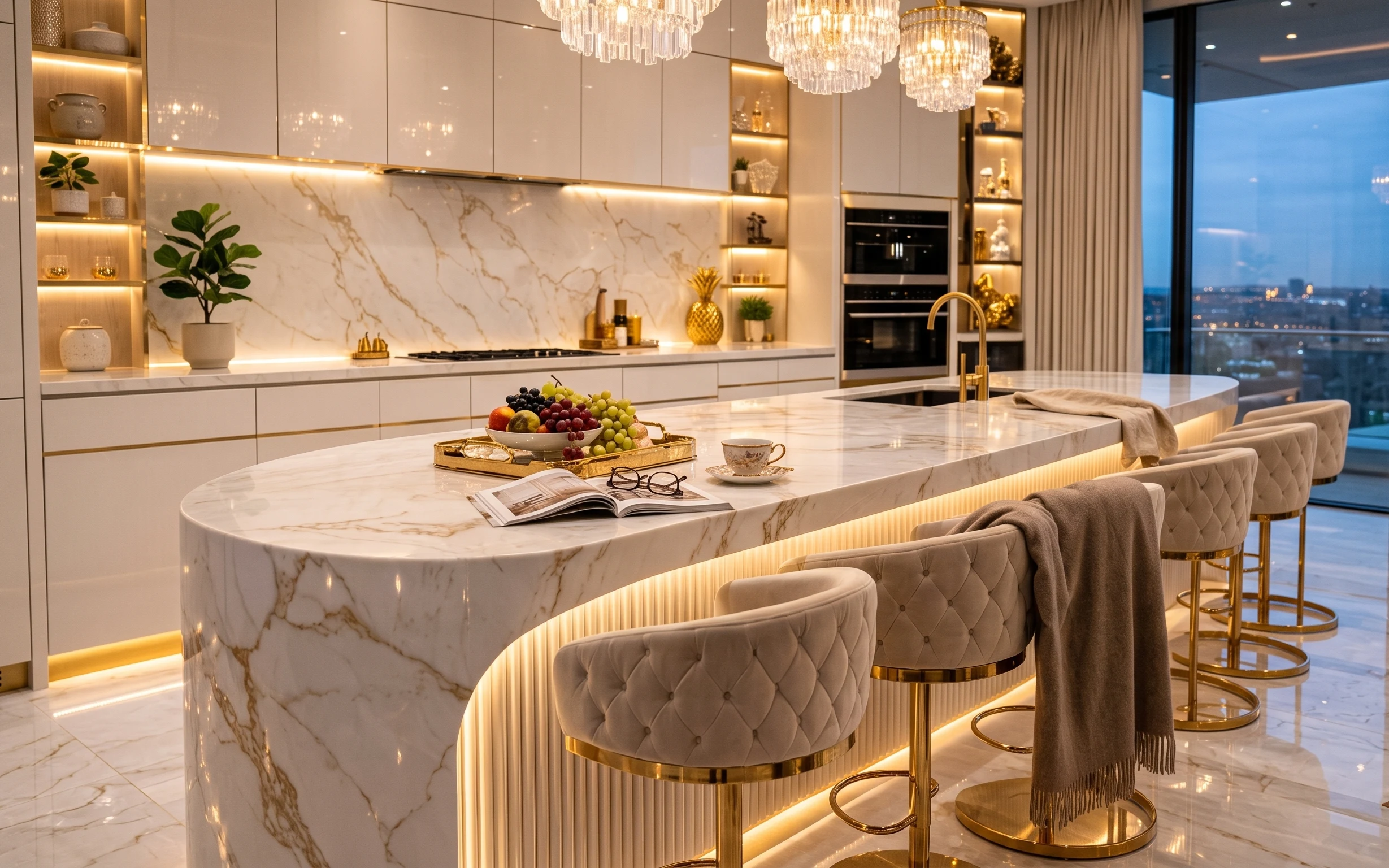 Kitchen island with gold tray centerpiece, tufted bar stools, warm lighting, and potted greenery