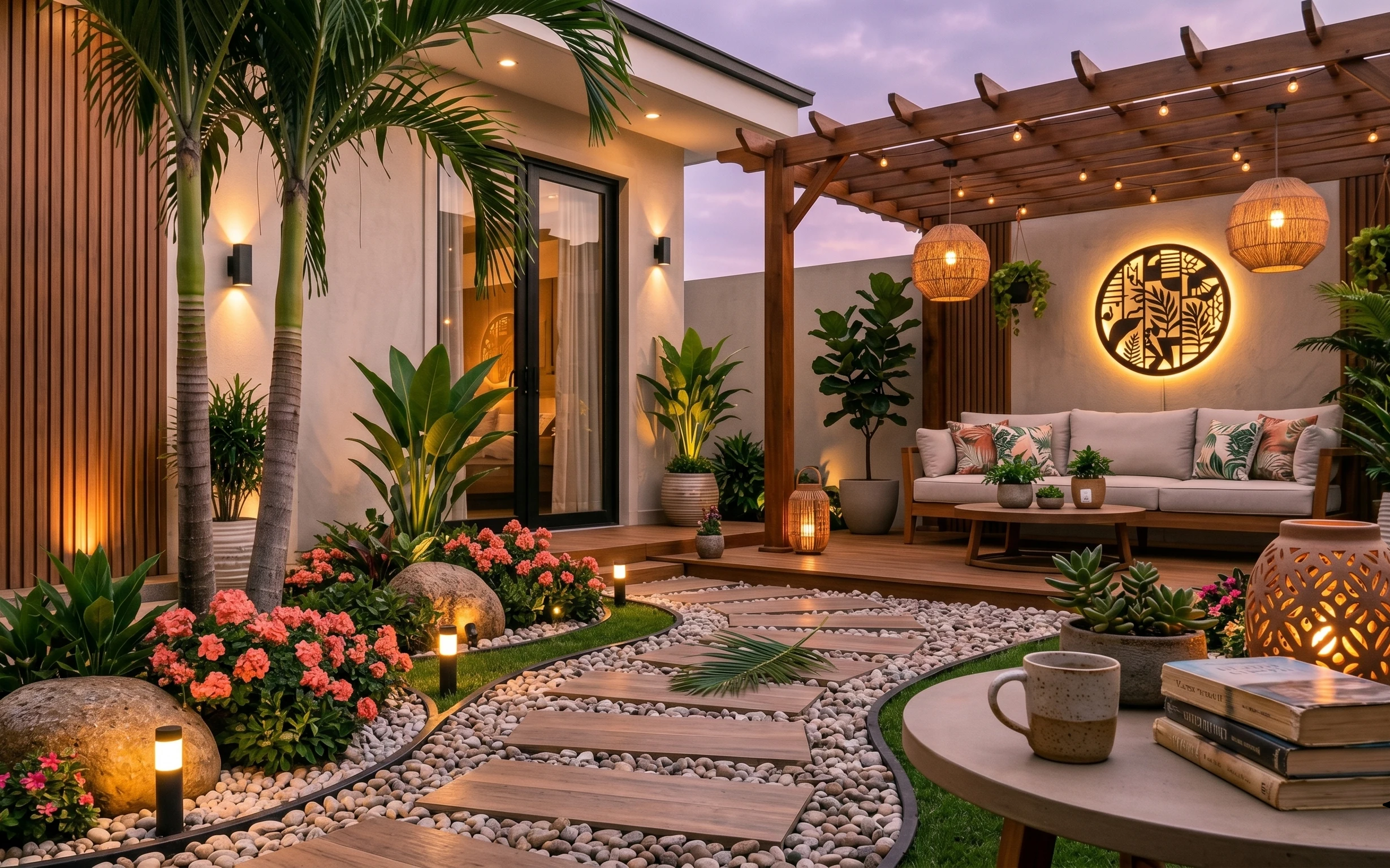 Tropical outdoor lounge patio with pergola string lights, hanging paper lanterns, plants, and a sofa with patterned pillows