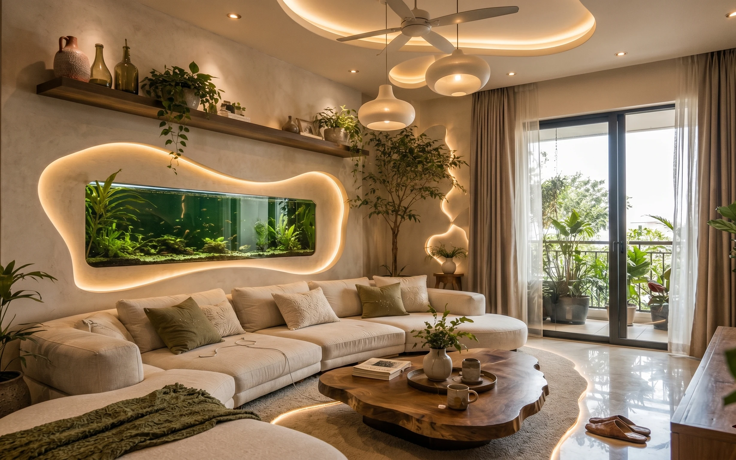Warm modern living room with a beige sofa, olive pillows, round wooden coffee table, rug, curtains, and multiple potted plants.