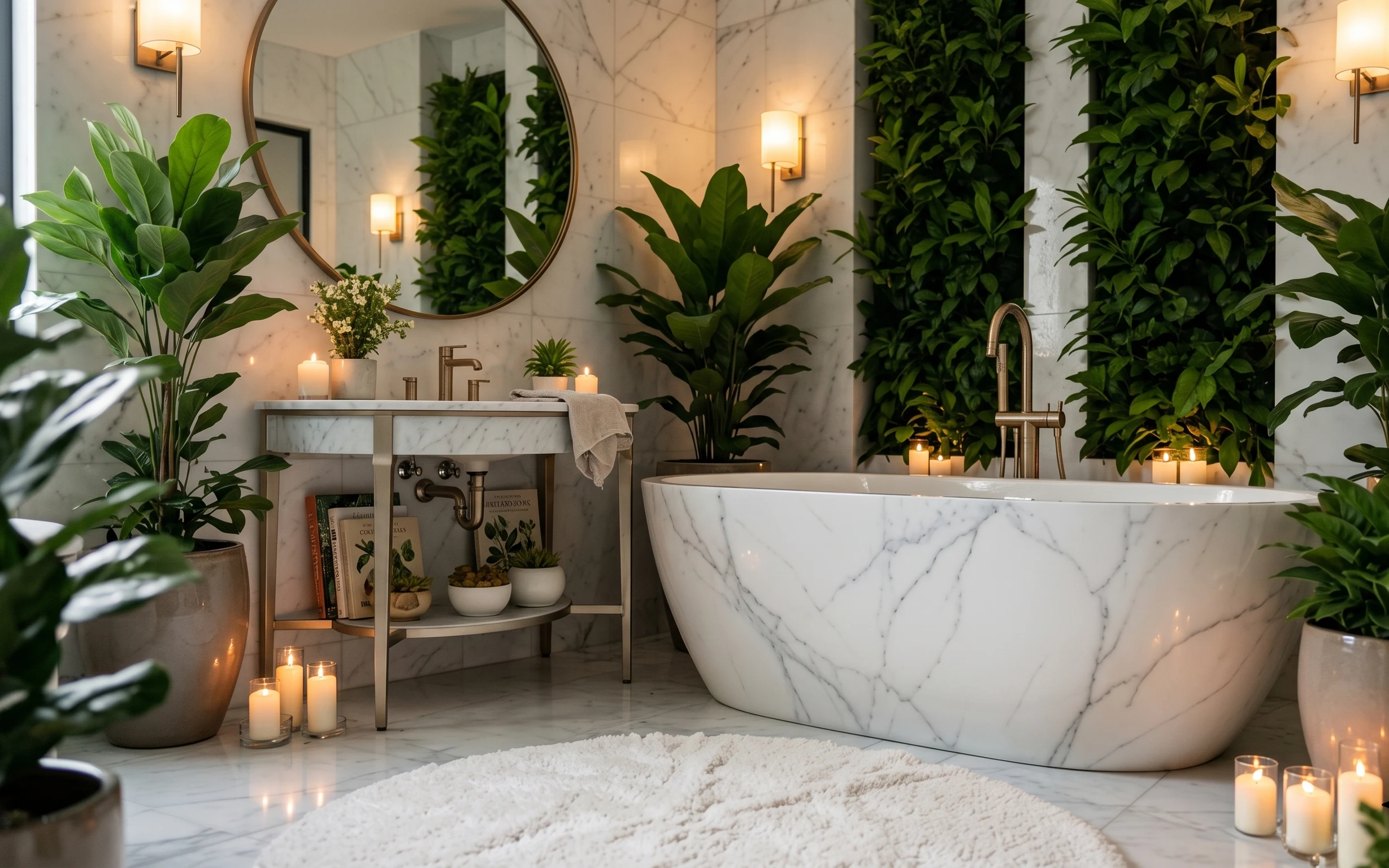 Spa-style bathroom with white marble tile, round wall mirror, brass sconces, freestanding tub, plants, candles, and a shag rug