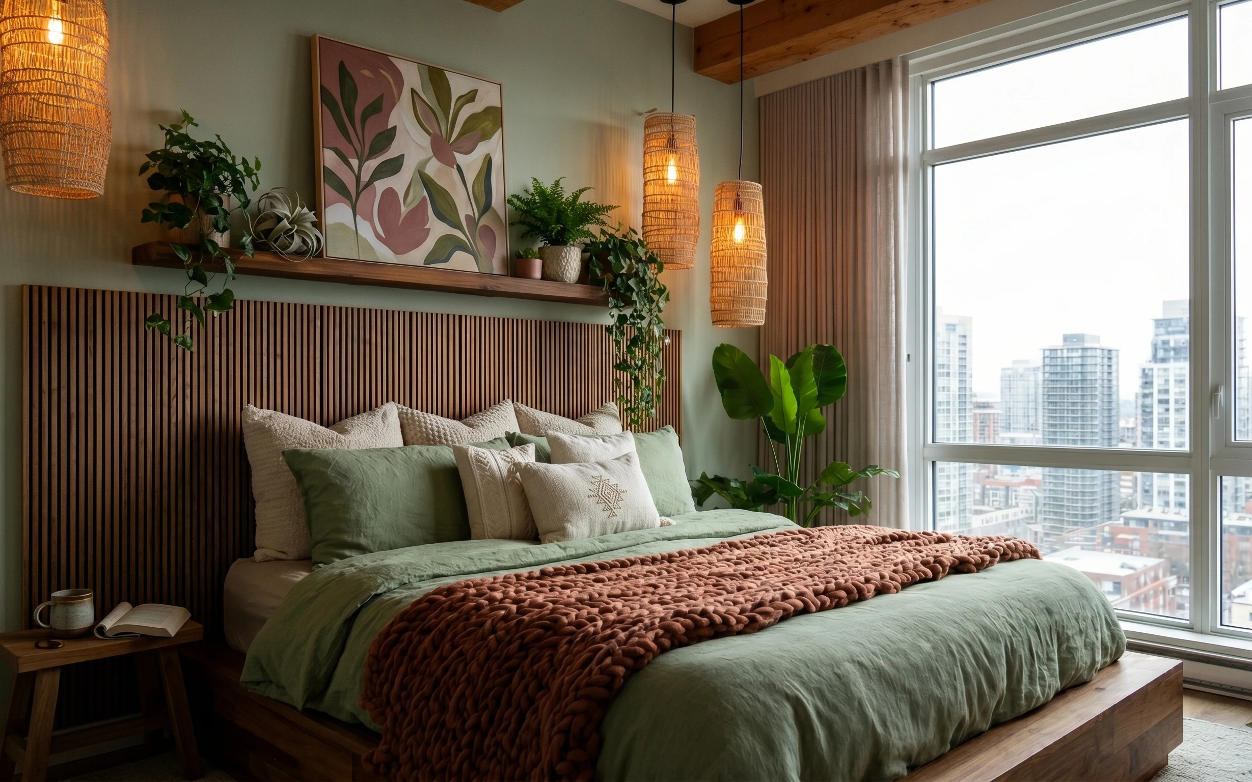 Cozy window-side bed nook with sage bedding, chunky brown throw, slat headboard, woven rattan pendants, and botanical wall art