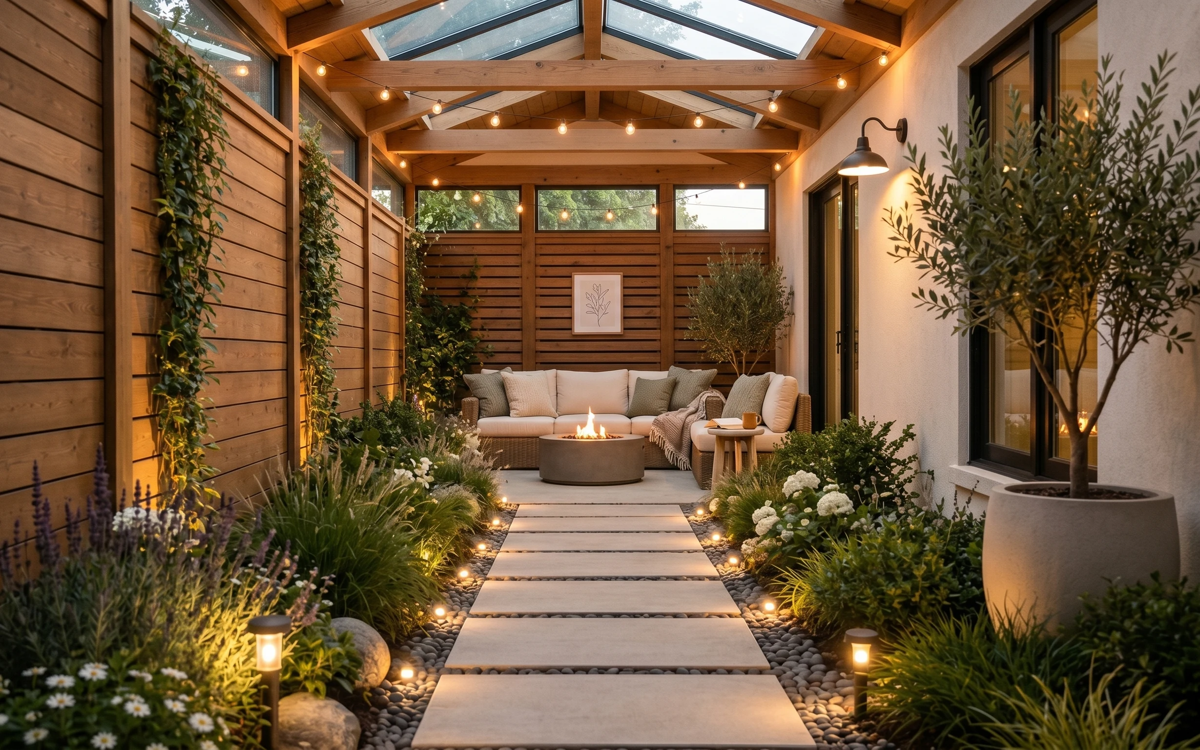 Outdoor garden lounge patio with wood slat wall, string lights, cream loveseat, candle jars, and potted greenery
