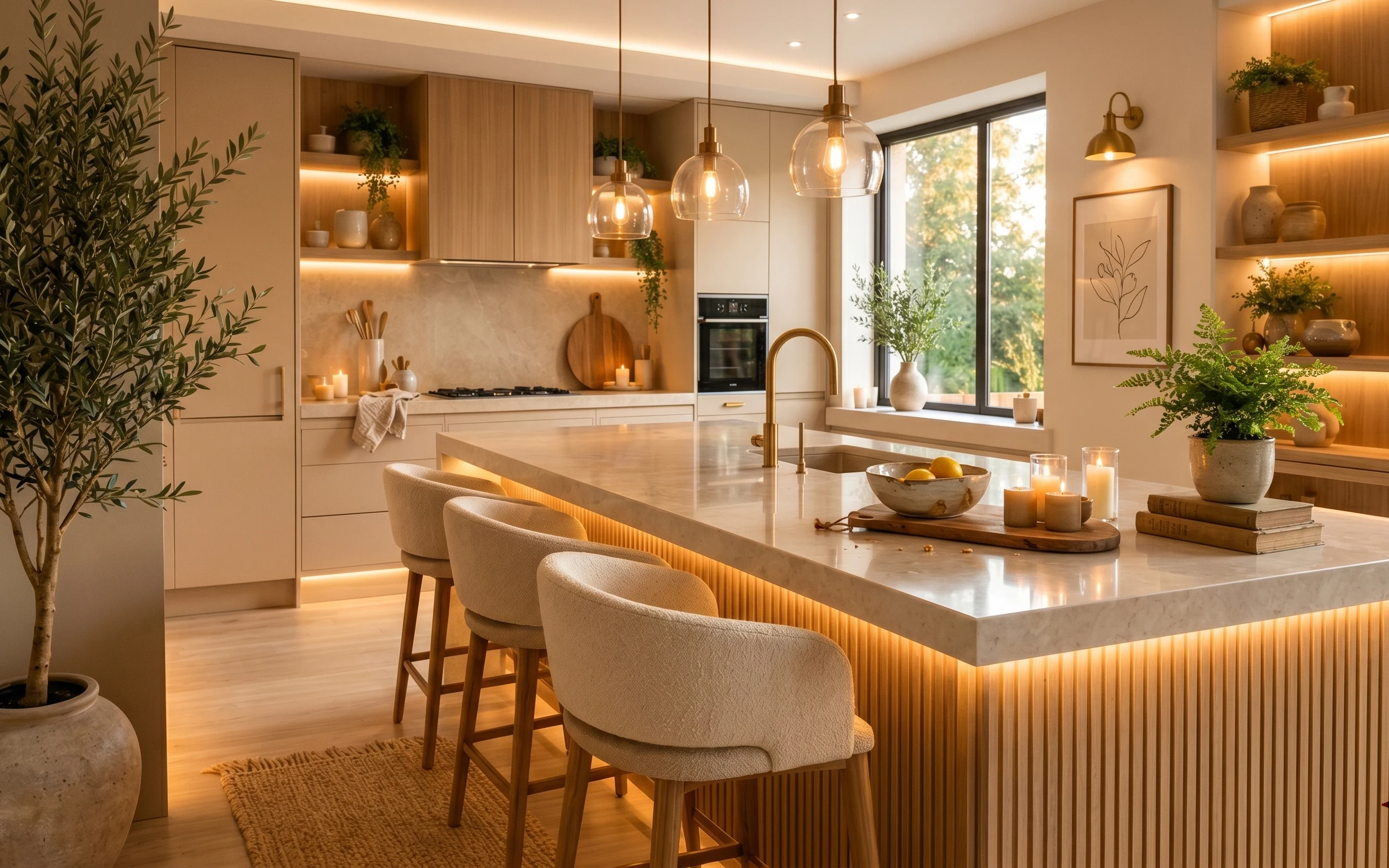 Warm japandi kitchen with island seating, woven rug, brass pendant lights, candles, plants, and framed botanical wall art