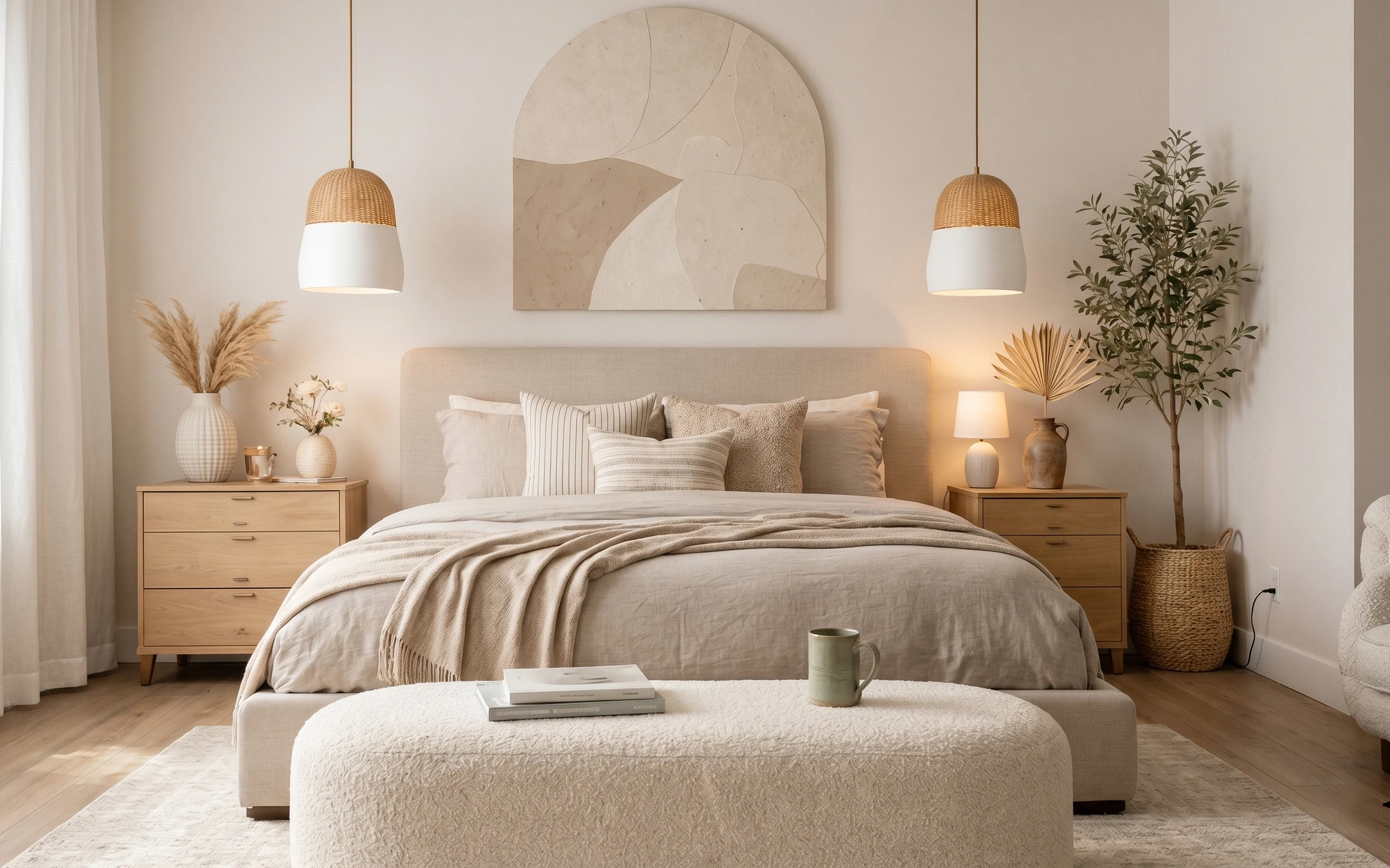 Soft neutral bedroom with sheer curtains, large framed abstract art, layered pillows, table lamps, and a tall leafy plant
