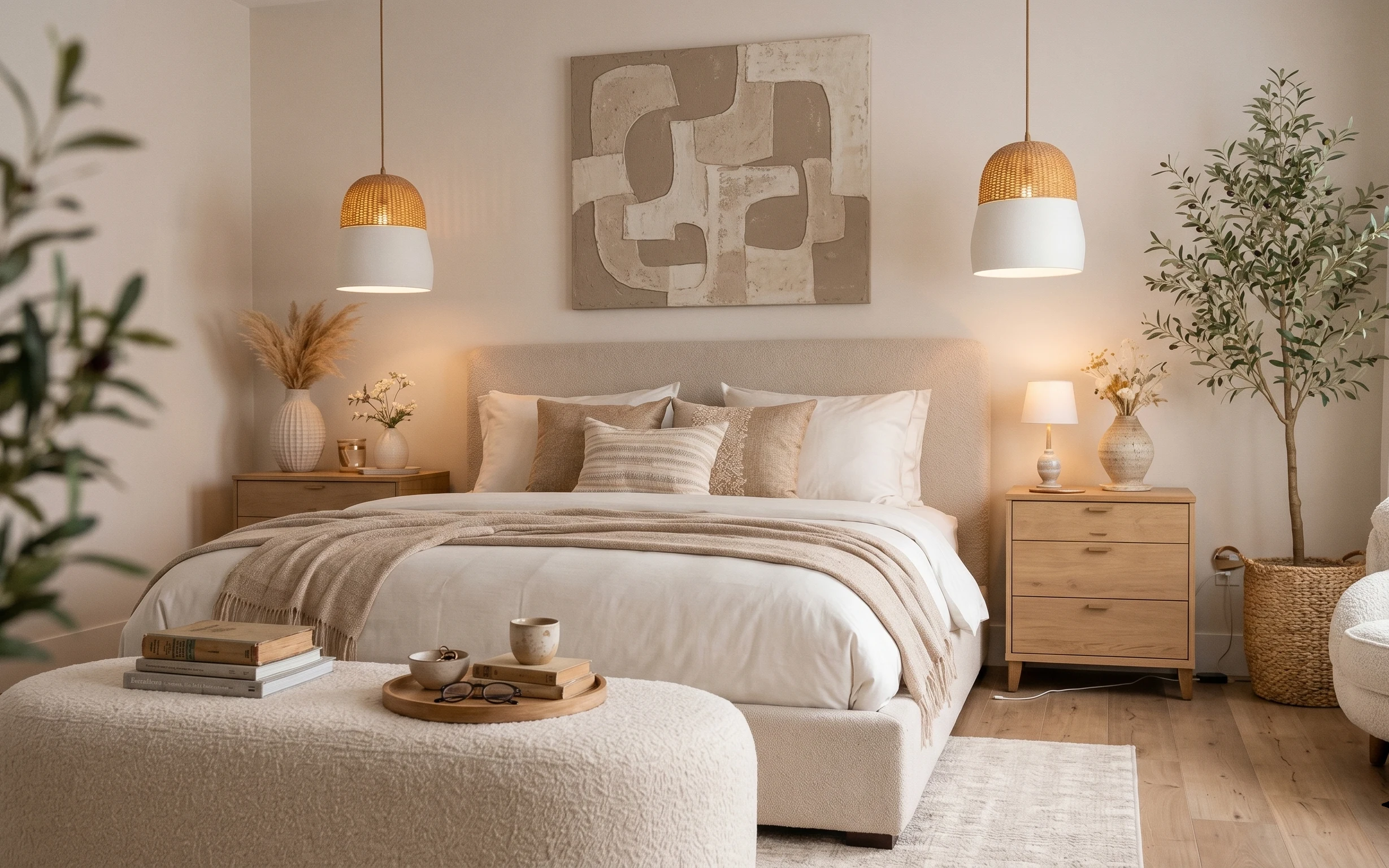 Warm neutral bedroom with rattan pendant lamps, large abstract wall art, white bed cover, taupe throw, bedside table lamp, and potted tree