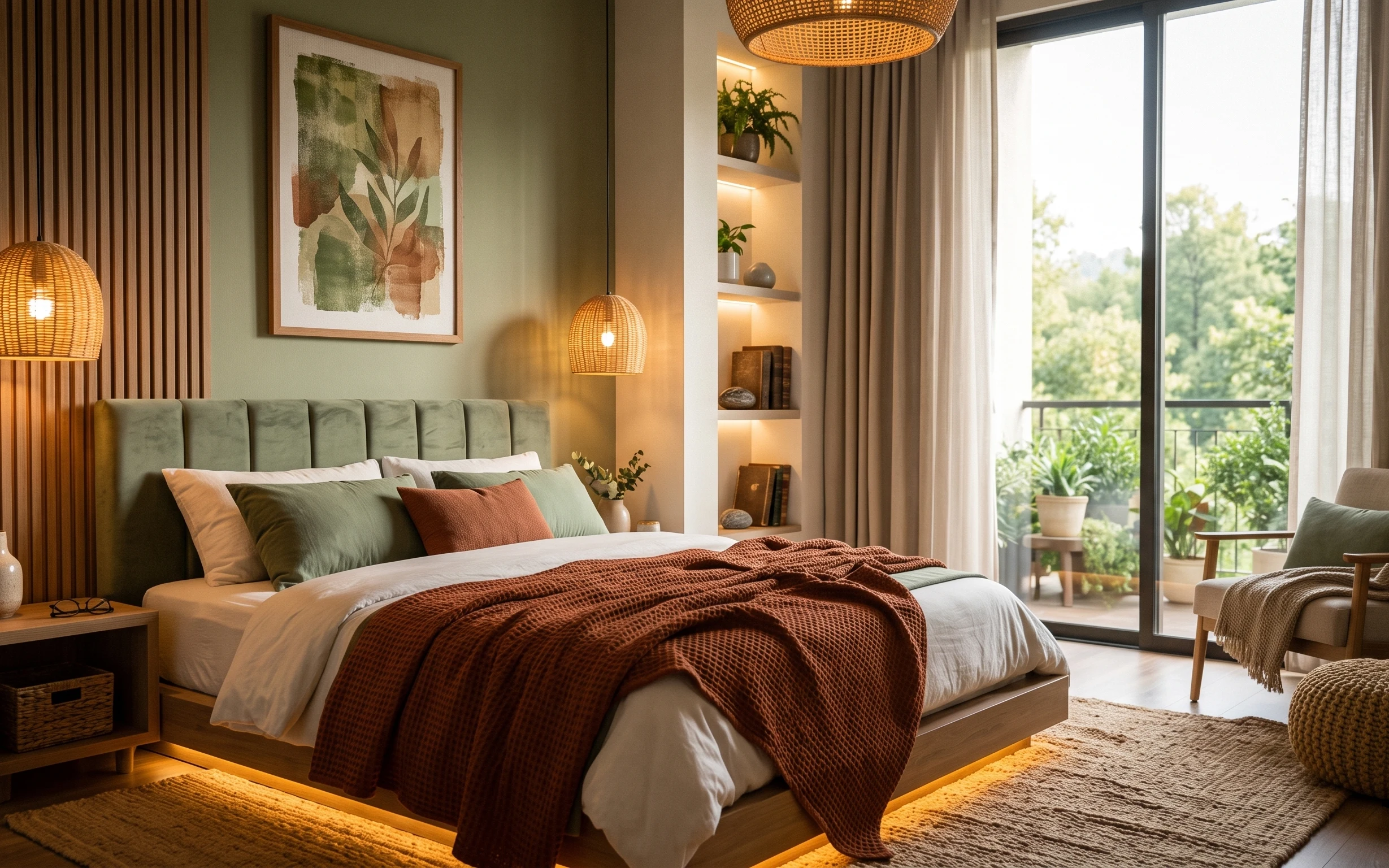 Warm modern bedroom with white bedding, olive pillows, rust throw, woven lamps, curtains, rug, and floating shelves by a window