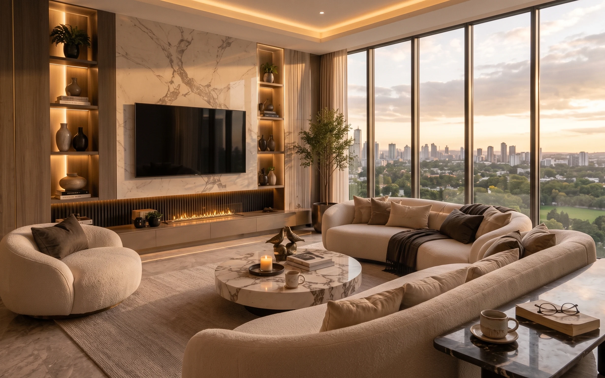 Warm modern living room with curved cream seating, marble-look walls, tall window curtains, candle-lit coffee table